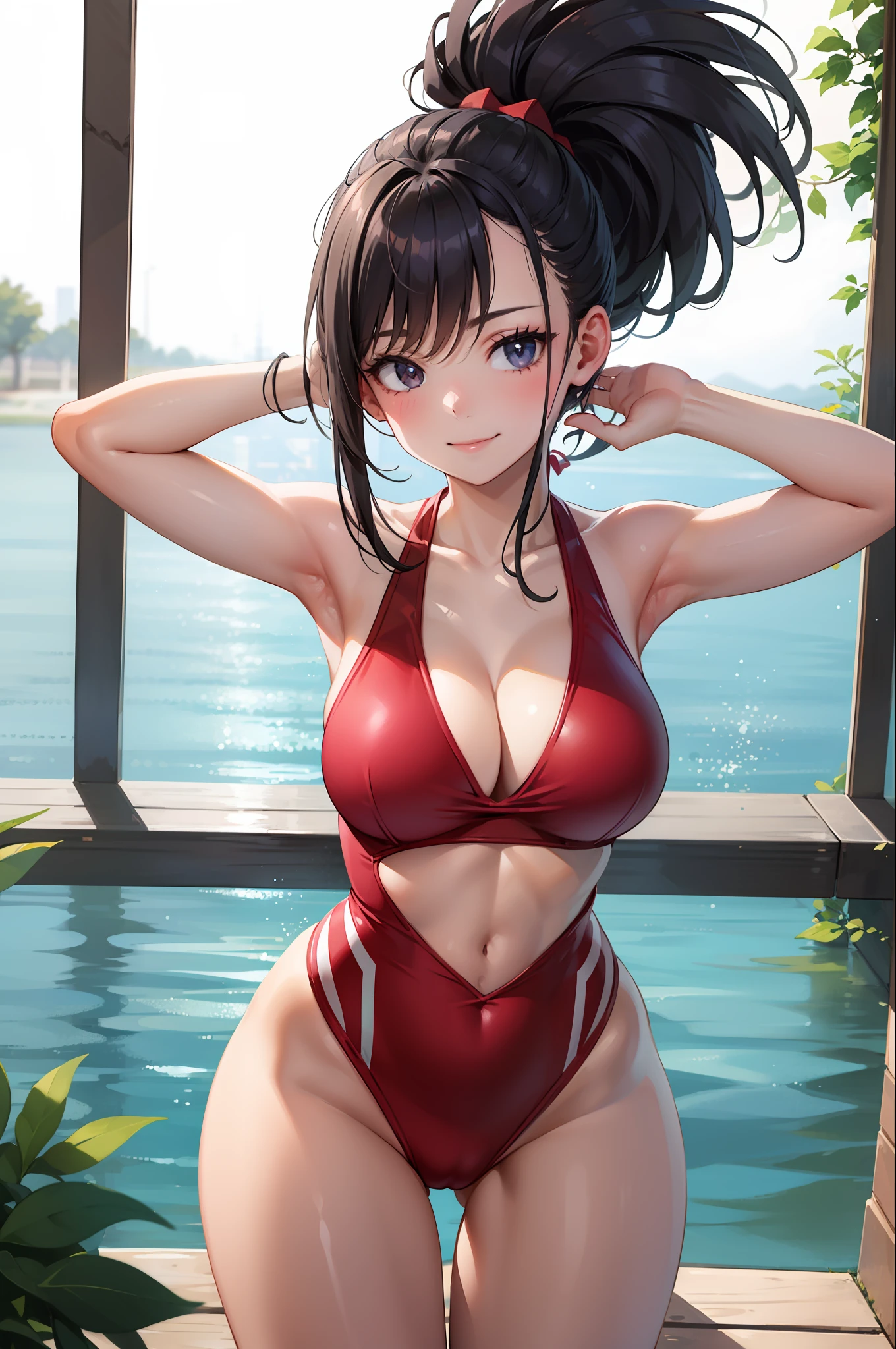 (masterpiece, best quality:1.2), cowboy shot, solo, 1girl, yaorozu momo, smile, closed mouth, look at the viewer, hands behind the head, squats, legs spread, red swimsuit
