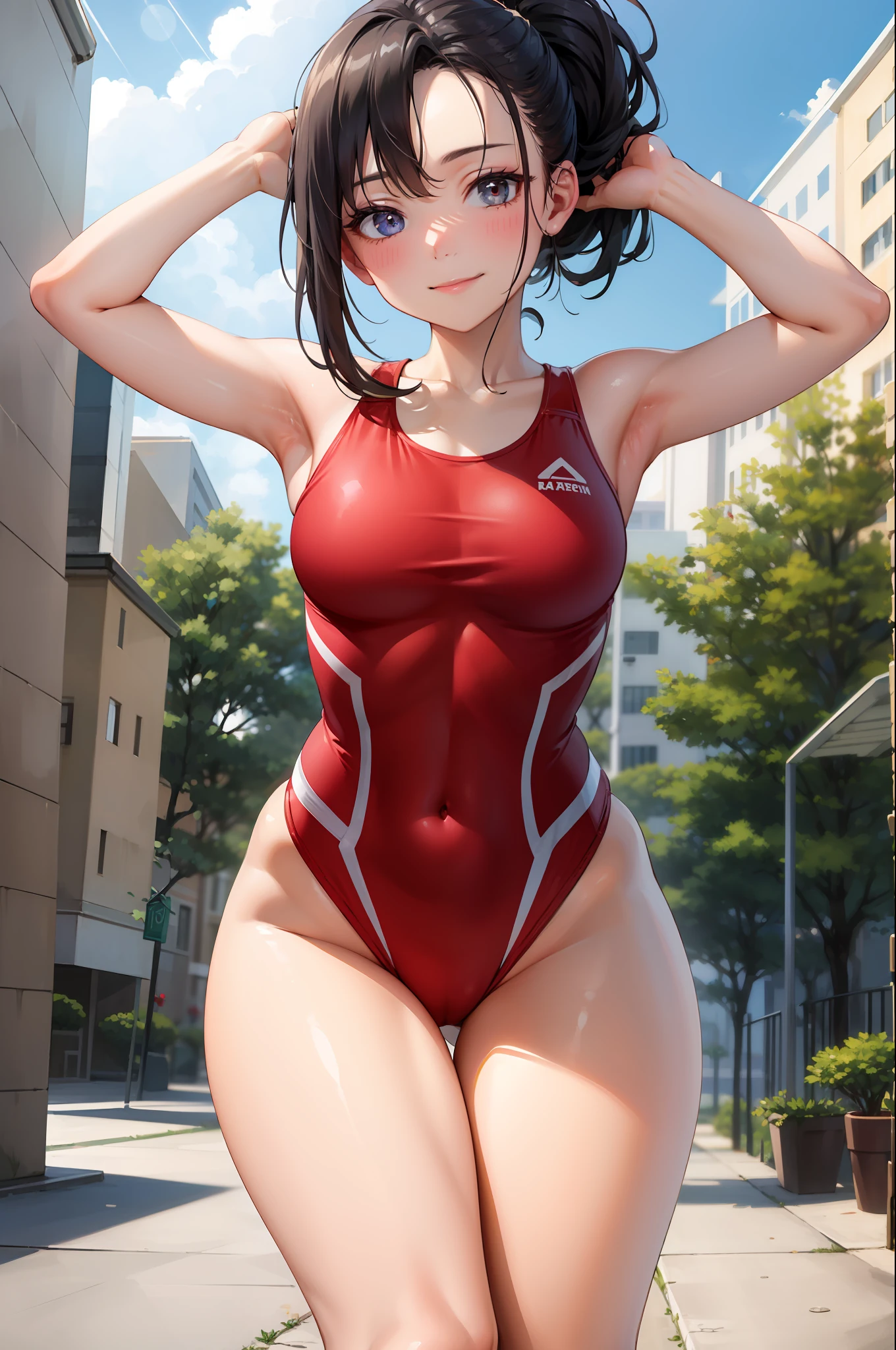 (masterpiece, best quality:1.2), cowboy shot, solo, 1girl, yaorozu momo, smile, closed mouth, look at the viewer, hands behind the head, squats, legs spread, red swimsuit