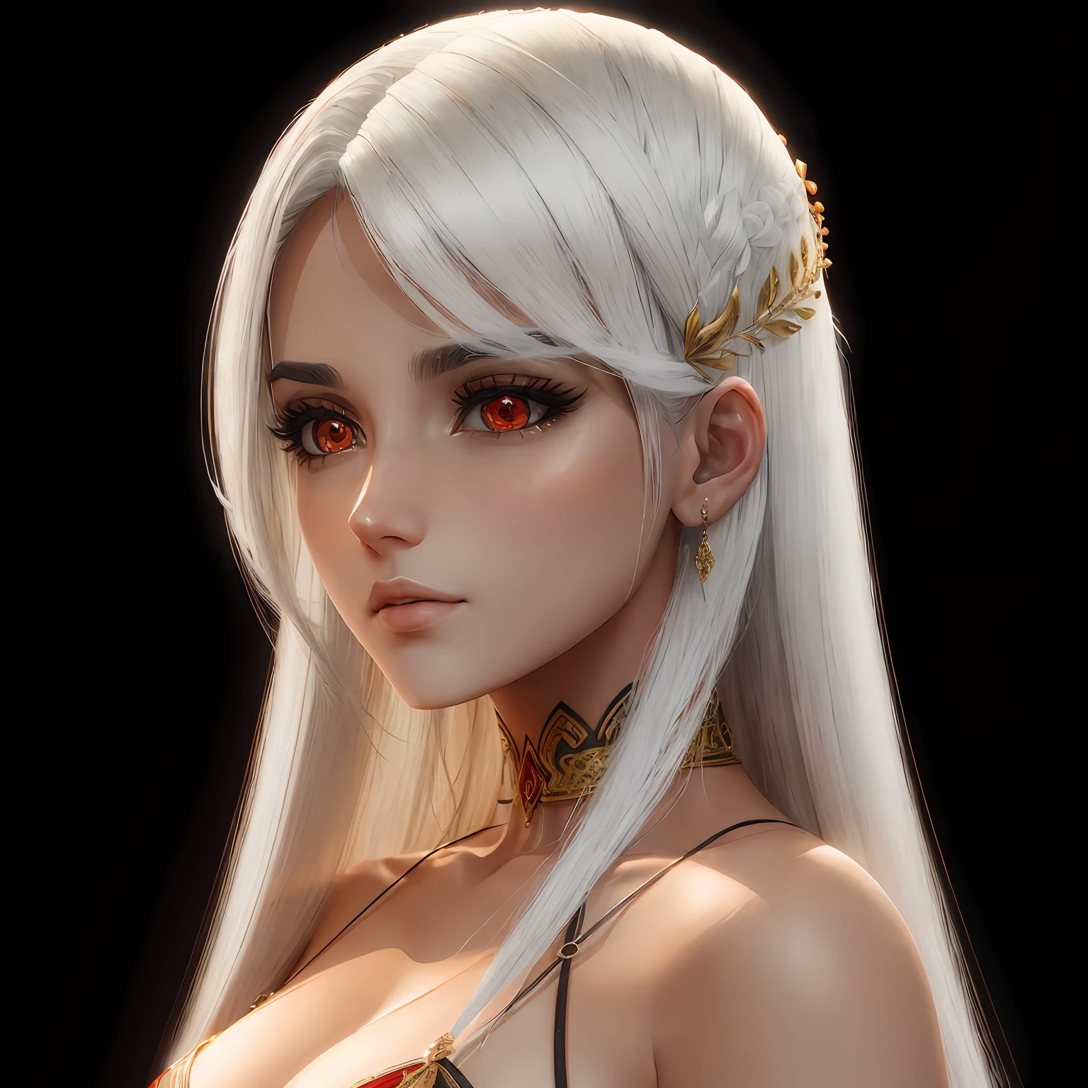 ((melhor qualidade)), ((obra-prima)), ((realista)), Apolo, corpo inteiro, The hair is white with a few details in red, eyes are amber in color, rosto masculino, tampo esculpido em metal, aura real, trending on ArtStation, foco nítido, Studio photo, detalhe intrincado, muito detalhado, olho detalhado, illustration, muito detalhado, foco nítido, digital render, profissional, 4k --auto