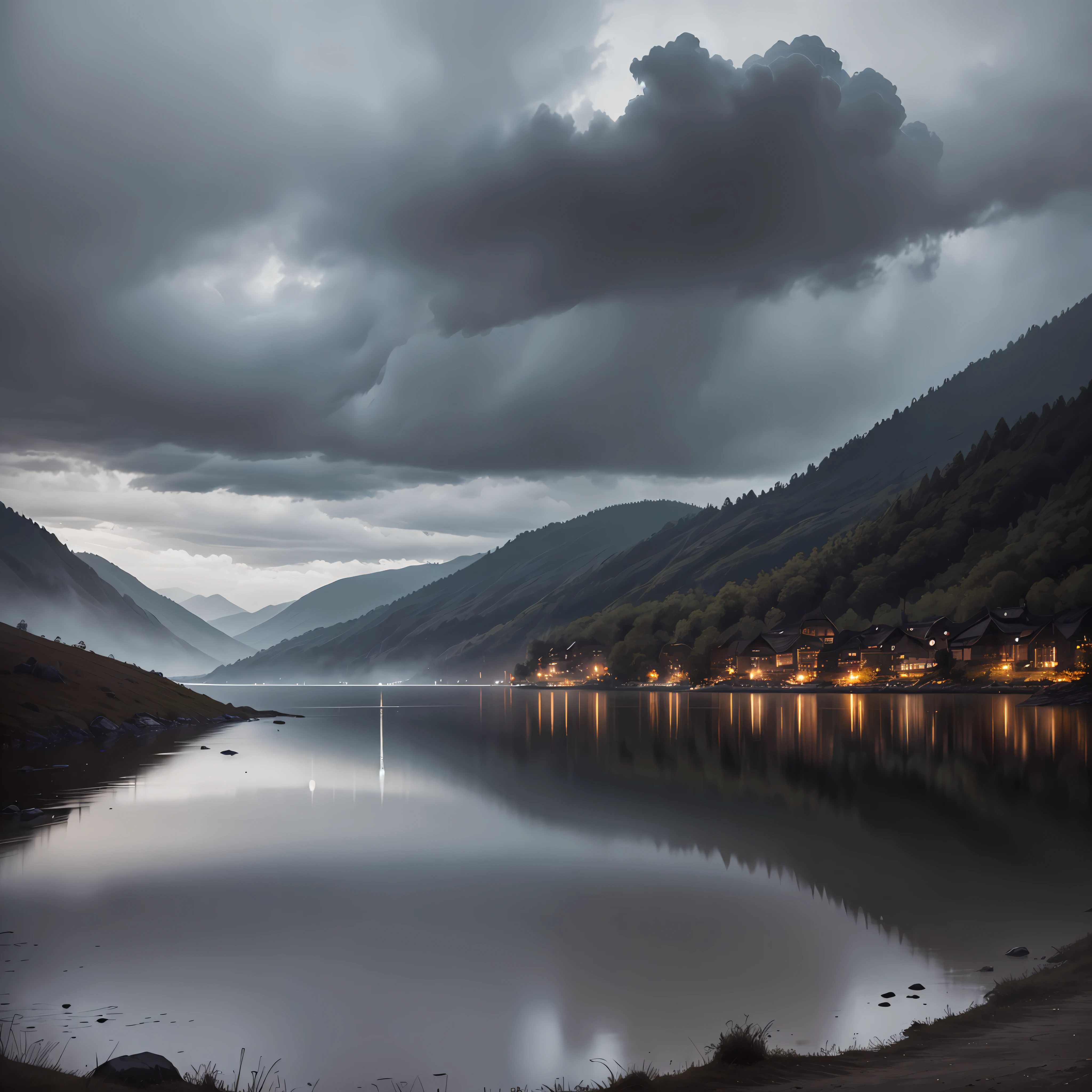 "Dark and melancholic atmosphere by the lakeside with small hills, amidst pouring rain, under dark clouds."