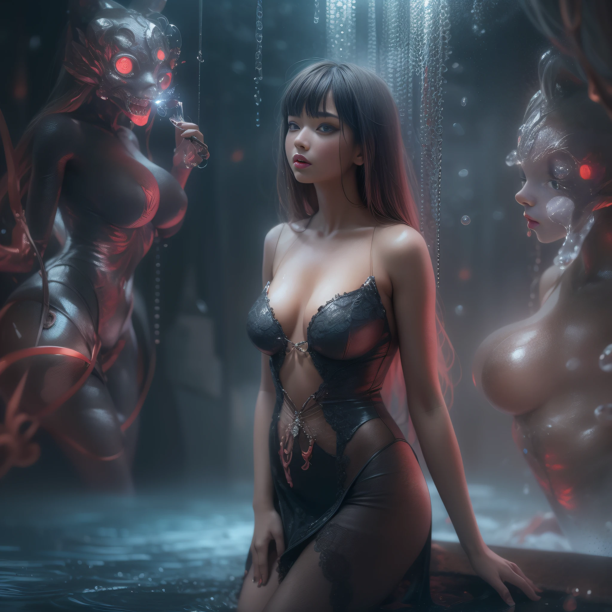 moody artistic masterpiece of a perfect body allure big breasts Lalisa. Surreal photo rendering by AesticV. nsfw. (enchanted and whimsical art style: 1.4). soft translucent art blend dress, sexy design. rockets. strange water fall in theme room. high detail. soft leather detail. 8k, uhd, photorealistic. cute artistic ground pose pose. accurate anatomy.