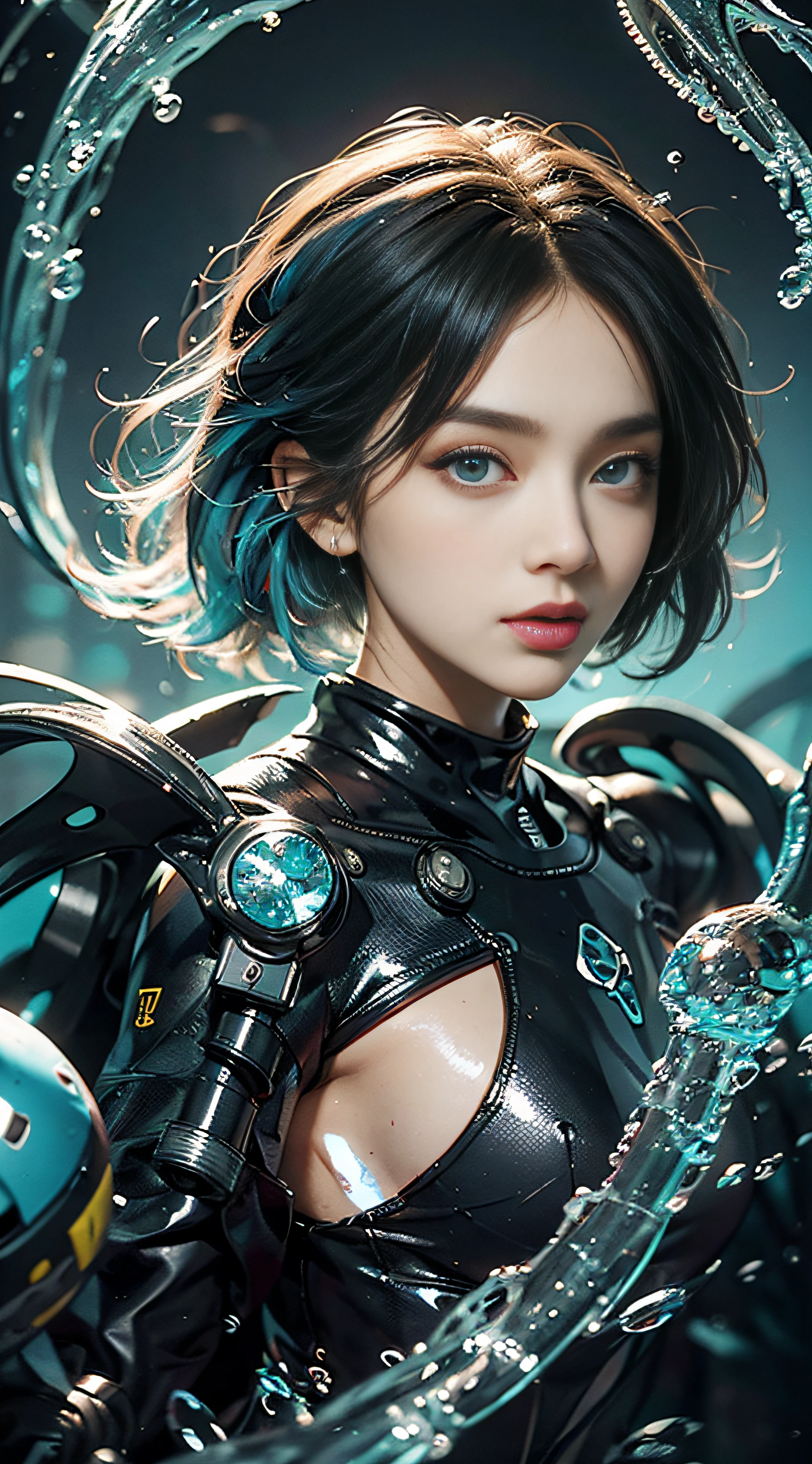 masterpiece, top-quality, ultra-detailliert, illustratio, 1girl in, 独奏, blue eyess, Amber hair, abyssal,Illuminate the seabed with lights Submersible boarding, short-hair, Diving suit,