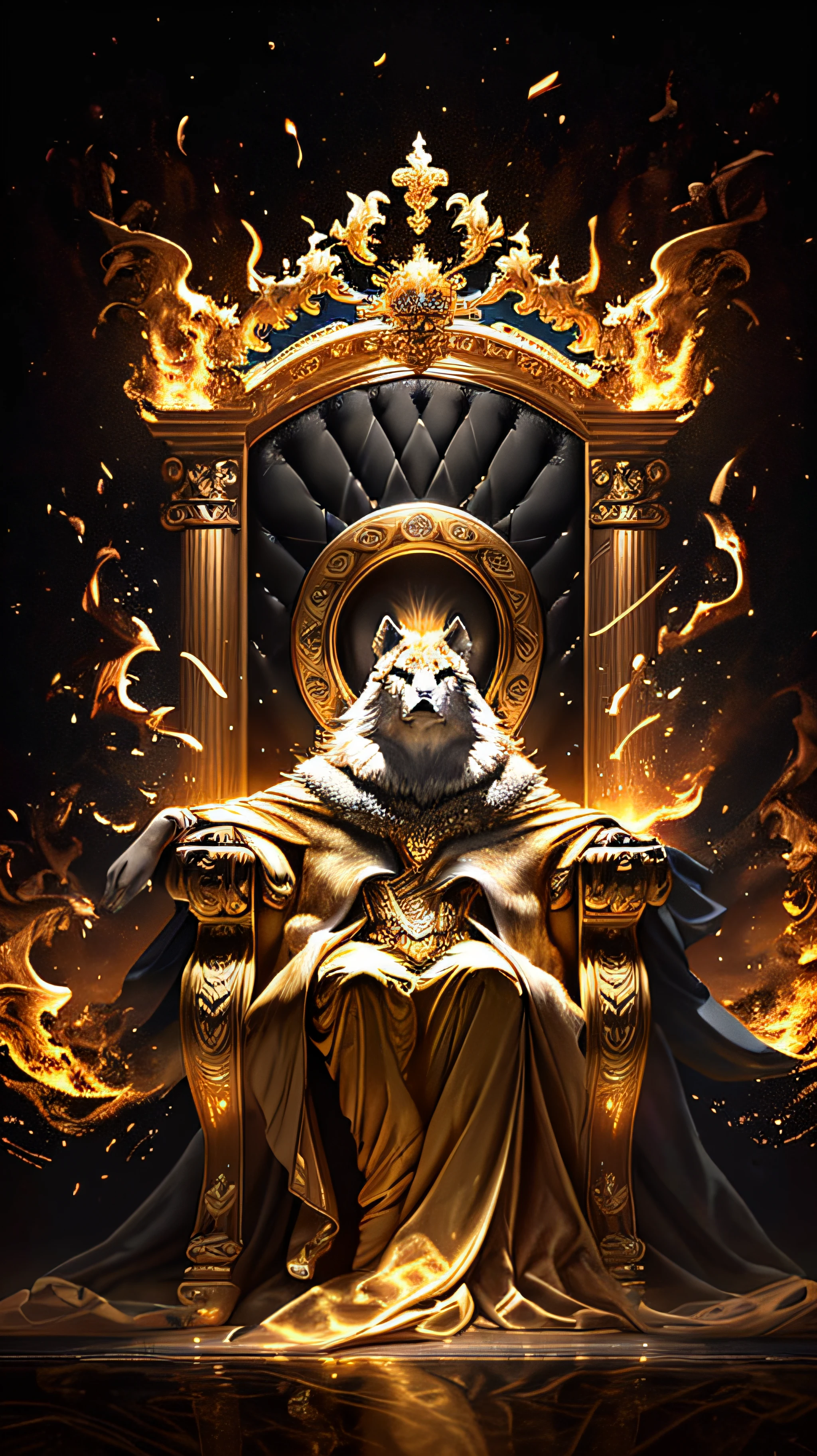 Un King loup royal full boby, Background galaxy, 3D magique, full-resolution RTX style with blazing eyes sitting on a throne, captured by photography with a 35mm lens. Inspired by the art of National Geographic photographers, The scene depicts the majestic wolf, royal et puissant. The color temperature is warm, with golden hues emphasizing the magnificence of the wolf. The eyes of the lion burn with intense flames, exuding a sense of authority and dominance. Lighting casts dramatic shadows, creating a captivating atmosphere, symmetric, pleine boby, grand angle, rtx, bobybuilder