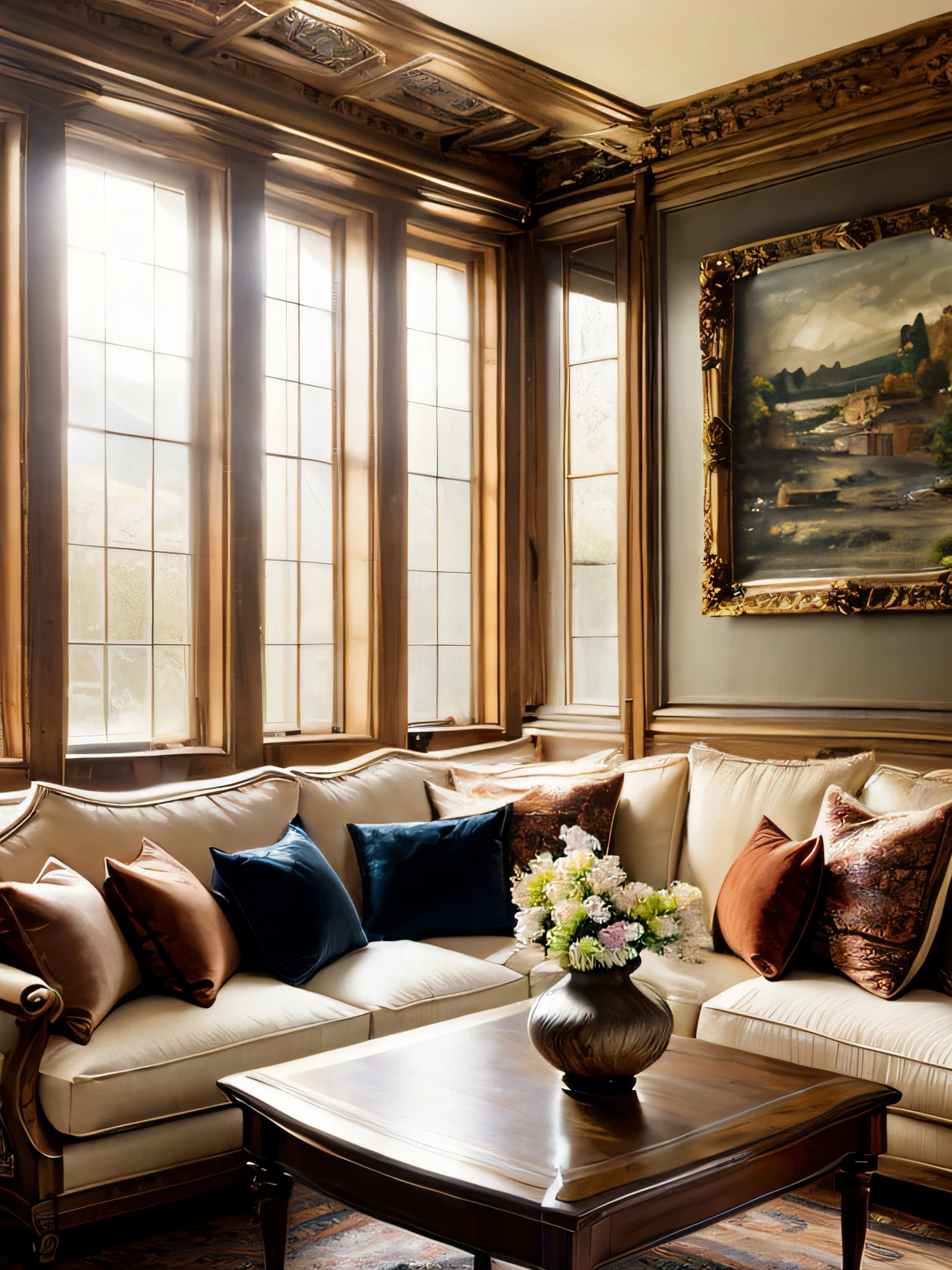 European castle living room:
European castle living room, a soft sofa, a coffee table, vases, hanging paintings, square glass windows, wooden furniture, cabinets, intricate carvings, and oil paintings. Warm colors, award-winning masterpieces with incredible detail, large windows