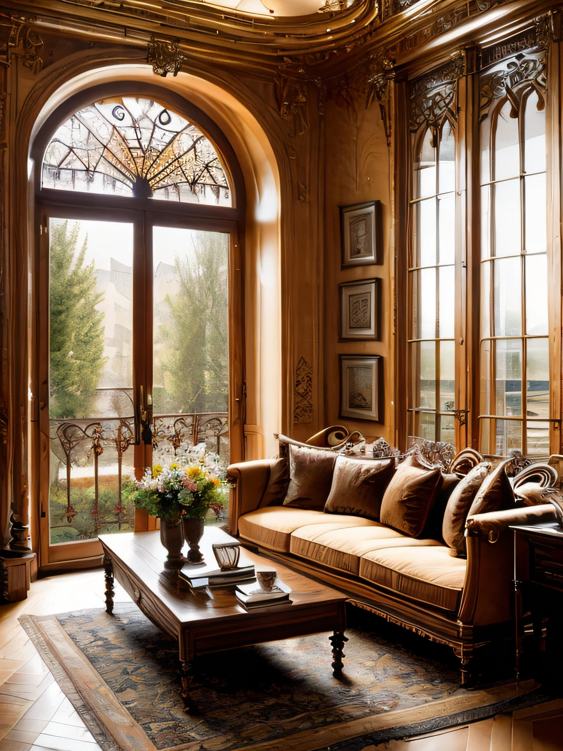 European castle living room:
European castle living room, a soft sofa, a coffee table, vases, hanging paintings, square glass windows, wooden furniture, cabinets, intricate carvings, and oil paintings. Warm colors, award-winning masterpieces with incredible detail, large windows
