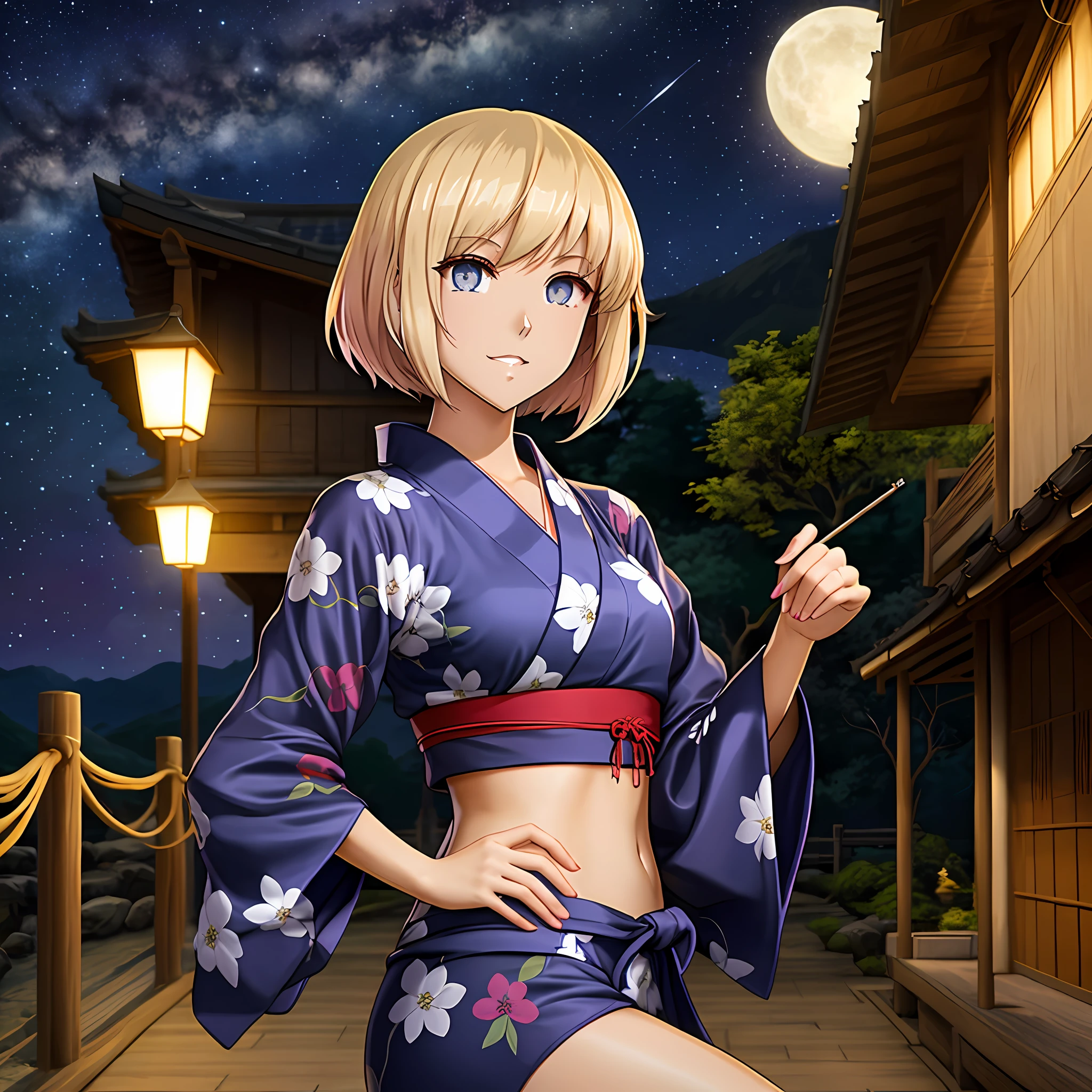 Cabelo rosa detalhado, anime, olhos detalhados, feudal japan, yukata, corpo inteiro, fundo detalhado, estrela nos olhos, noite estrelada, hands on back
