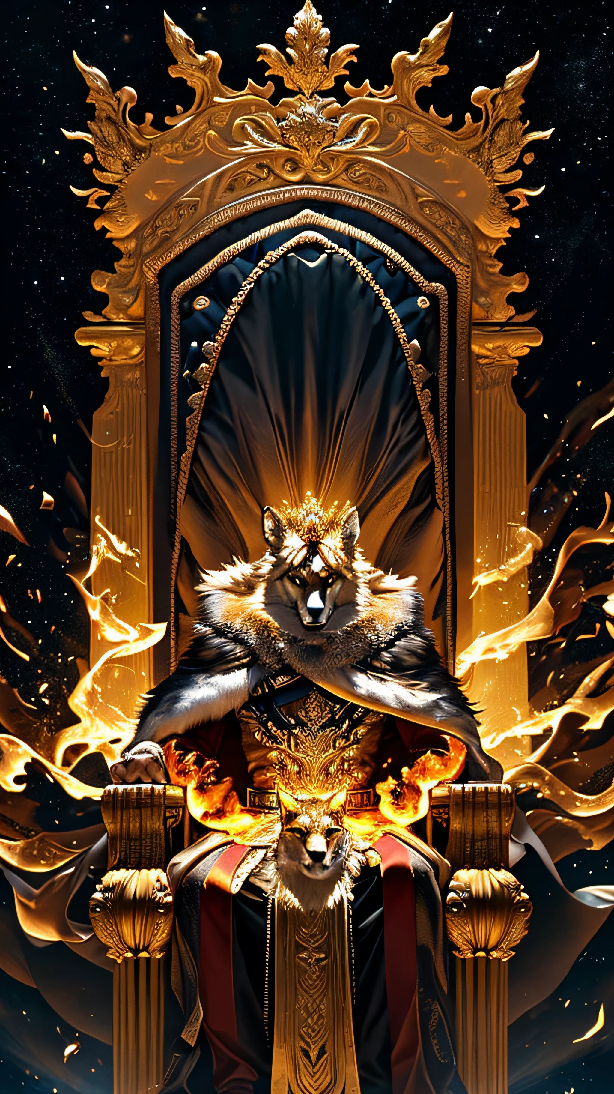 Un King loup royal full boby, Background galaxy, 3D magique, full-resolution RTX style with blazing eyes sitting on a throne, captured by photography with a 35mm lens. Inspired by the art of National Geographic photographers, The scene depicts the majestic wolf, royal et puissant. The color temperature is warm, with golden hues emphasizing the magnificence of the wolf. The eyes of the lion burn with intense flames, exuding a sense of authority and dominance. Lighting casts dramatic shadows, creating a captivating atmosphere, symmetric, pleine boby, grand angle, rtx, bobybuilder