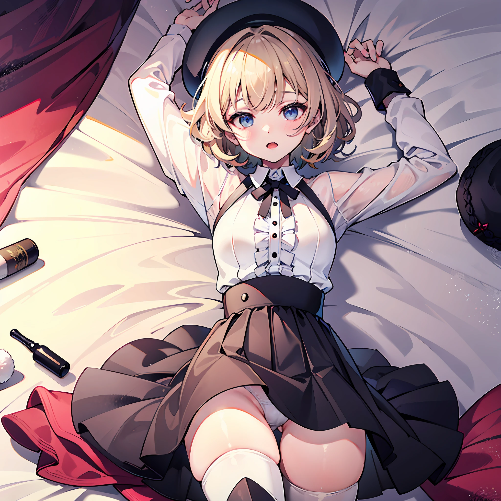 1girl, large breasts, thighhighs,solo, thigh boots, white shirt, black skirt, black footwear, (((masterpiece,high resolution,best quality))), solo,wine bottle, lying, blonde hair, on back, looking at viewer, open mouth, solo, blush, wet clothes, heart, arms up, wet, bed sheet, huge breasts, (beret :1.8), short hair, (iwanagakotoko:0.9), in bed, bedroom, bed, pervert, white panties, small breasts, cute