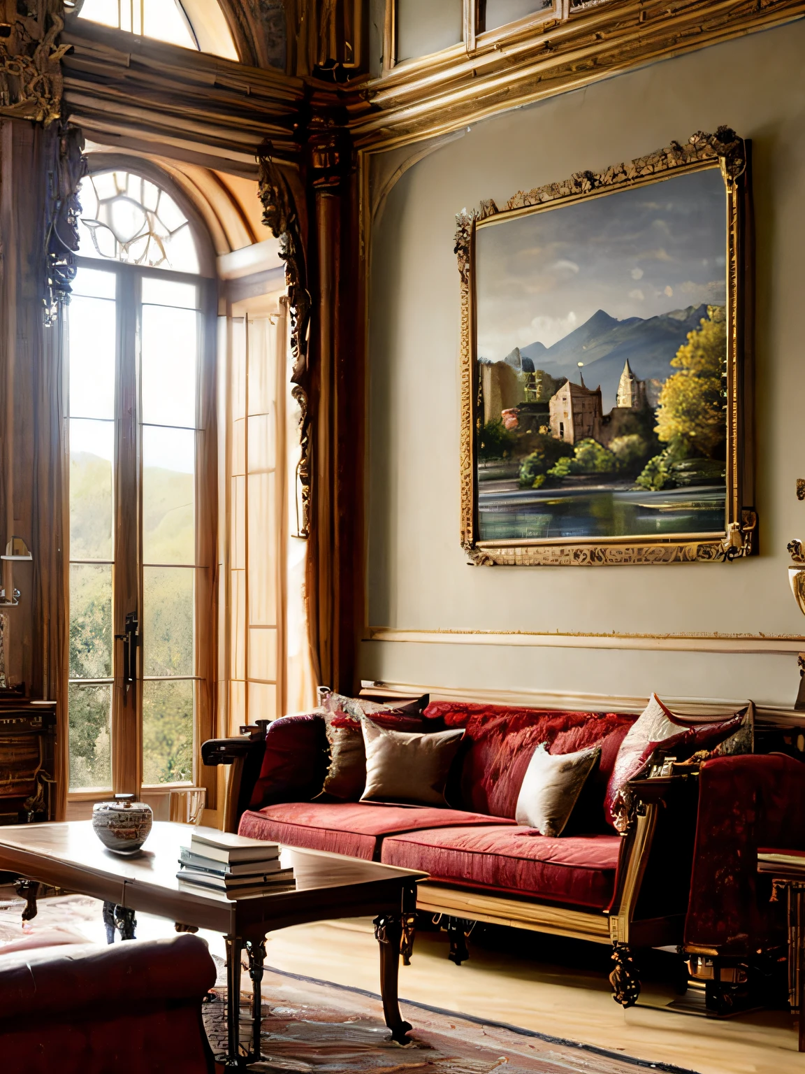 European castle living room:
European castle living room, a soft sofa, a coffee table, vases, hanging paintings, square glass windows, wooden furniture, cabinets, intricate carvings, and oil paintings. Warm colors, award-winning masterpieces with incredible detail, large windows