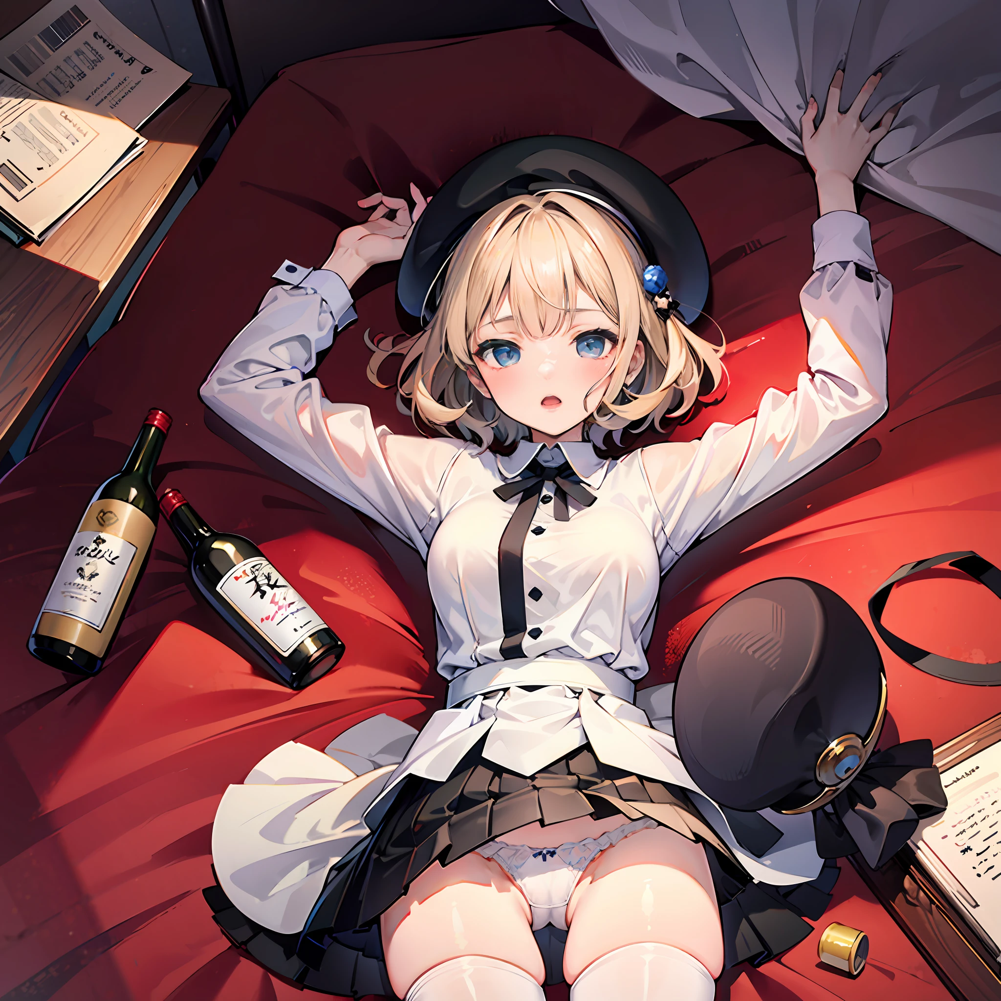 1girl, large breasts, thighhighs,solo, thigh boots, white shirt, black skirt, black footwear, (((masterpiece,high resolution,best quality))), solo,wine bottle, lying, blonde hair, on back, looking at viewer, open mouth, solo, blush, wet clothes, heart, arms up, wet, bed sheet, huge breasts, (beret :1.8), short hair, (iwanagakotoko:0.9), in bed, bedroom, bed, pervert, white panties, small breasts, cute