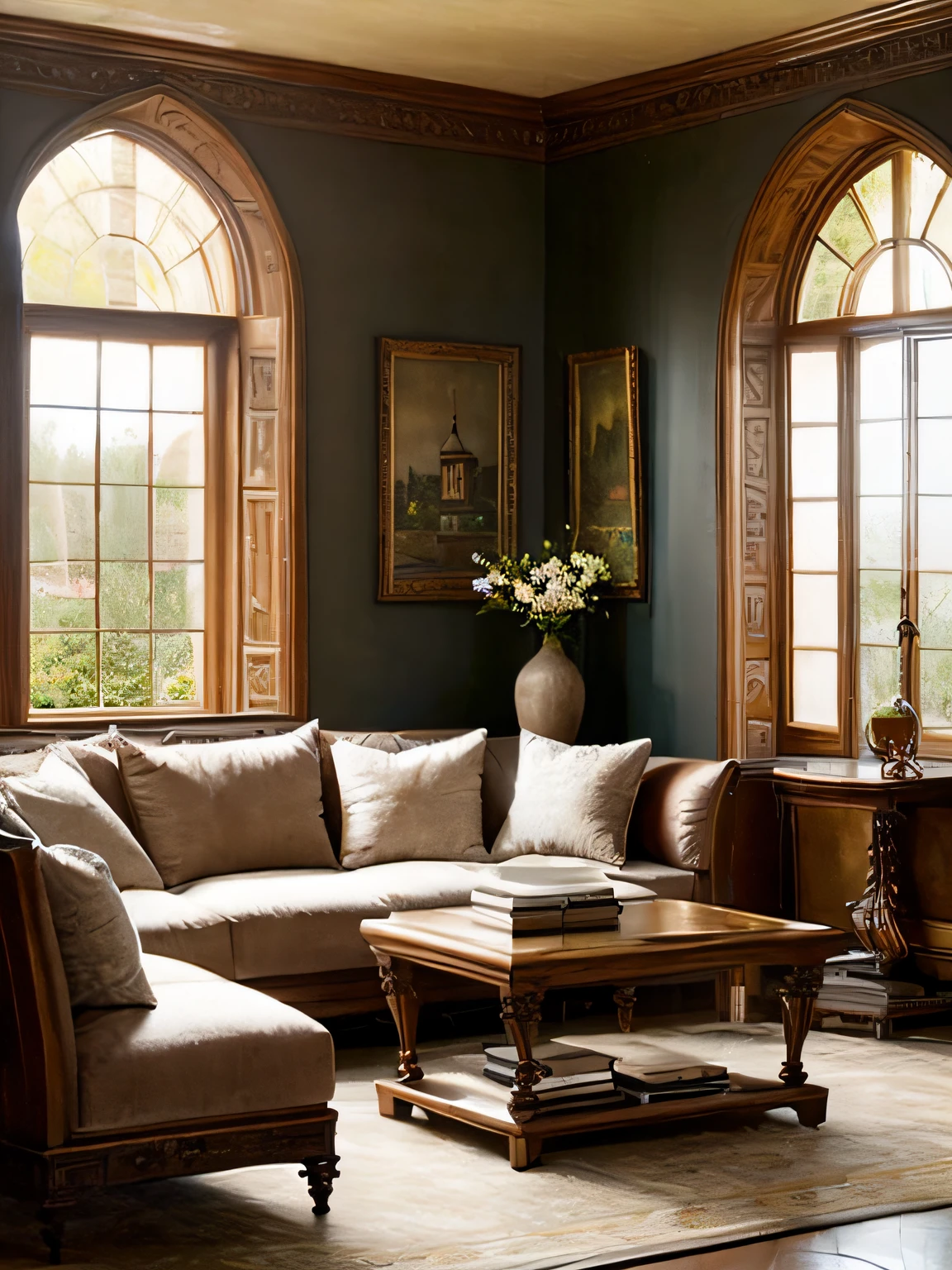 European castle living room:
European castle living room, a soft sofa, a coffee table, vases, hanging paintings, square glass windows, wooden furniture, cabinets, intricate carvings, and oil paintings. Warm colors, award-winning masterpieces with incredible detail, large windows