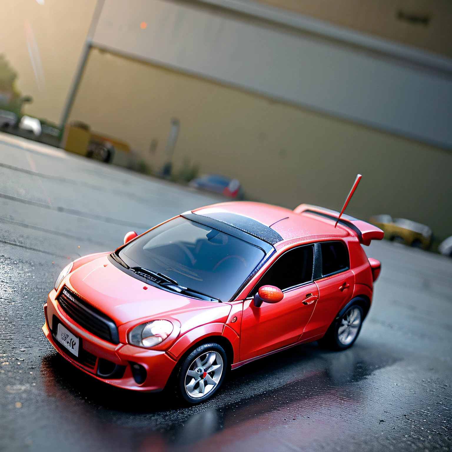 Arafed toy car on pavement with building in background, Fotografia de maquete, foto do brinquedo, fotografia de brinquedo, tilt-shifted, foto comercial do brinquedo, Stooping, carro vermelho, um tiro largo, miniatura de um carro esportivo, vehicle photography, um hiper realista, Fotografia Tilt Shift, hiper realista ", hiper realista", ultra detalhado", brinquedo altamente detalhado, mini modelo