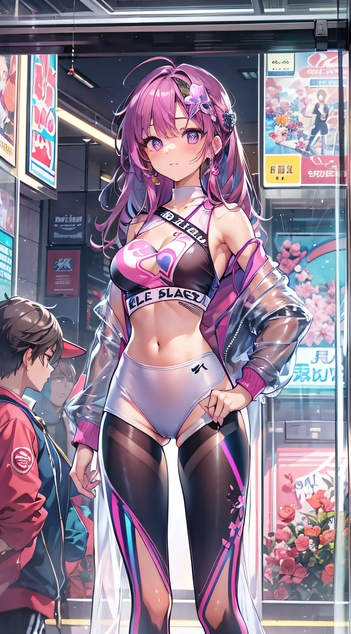 ((Masterpiece)), best quality, absurderes, ultra detailed, holographic, cowboy shot, golden ratio, super cute girl, mature girl, idol girl, super beautiful asian girl with very beautiful violet glowing eyes, beautiful glowing brown multicolored hair, high ponytail, nice and sexy body, slim body, perfect body, wearing a super tight anime printed leotard, an anime printed super tight off shoulder long sleeve crop top, a super aesthetic transparent mini jacket, beautiful hair ornament, pink jordan tennis, being photographed in a mall shop, with her handsome skinny boyfriend, with black messy glowing hair and super casual clothing