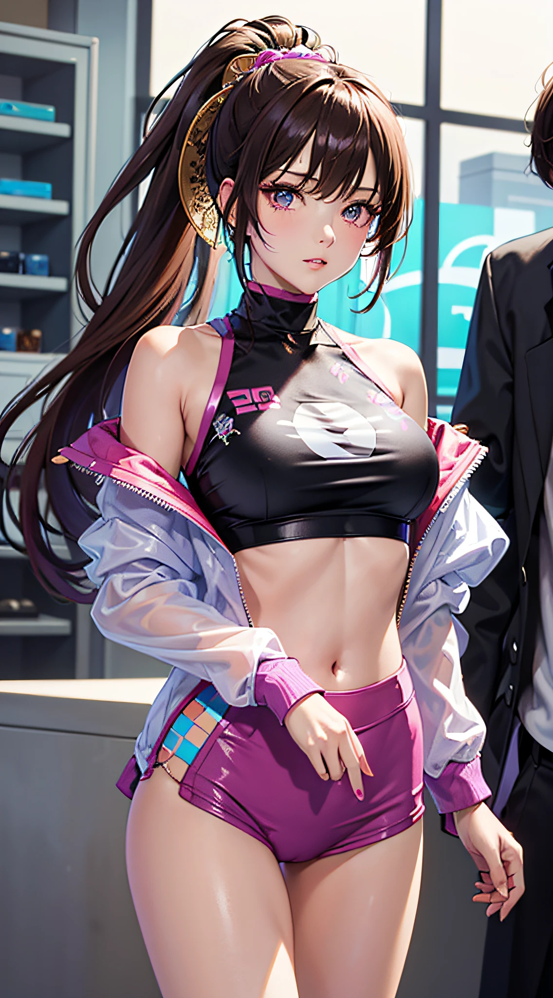 ((Masterpiece)), best quality, absurderes, ultra detailed, holographic, cowboy shot, golden ratio, super cute girl, mature girl, idol girl, super beautiful asian girl with very beautiful violet glowing eyes, beautiful glowing brown multicolored hair, high ponytail, nice and sexy body, slim body, perfect body, wearing a super tight anime printed leotard, an anime printed super tight off shoulder long sleeve crop top, a super aesthetic transparent mini jacket, beautiful hair ornament, pink jordan tennis, being photographed in a mall shop, with her handsome skinny boyfriend, with black messy glowing hair and super casual clothing