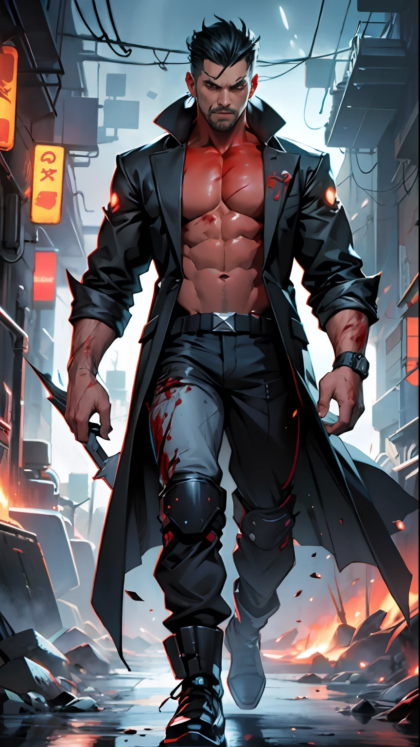 character sheet, full body front and back, cyberpunk mr sinister, overcoat, black suit, bloody energy power, red blood mage, red veins, blood boobles, floating, intricate detail, high detail, full color, perfect anatomy, centered, approach to perfection, 4k , cinematic dramatic atmosphere, artstation, concept art, fluid and sharp focus, volumetric lighting, cinematic lighting