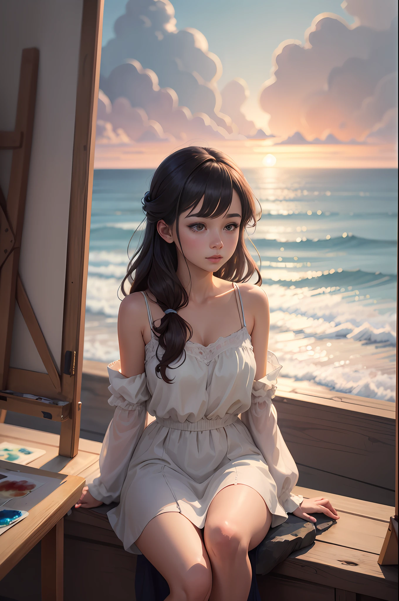painting of a woman sitting on a rock looking out at the ocean, in the art style of bowater, made with anime painter studio, serene illustration, painted in anime painter studio, beautiful girl on the horizon, dreamy illustration, blurry and dreamy illustration, blurred and dreamy illustration, in style of digital painting, dreamlike digital painting, watercolor digital painting, girl watching sunset