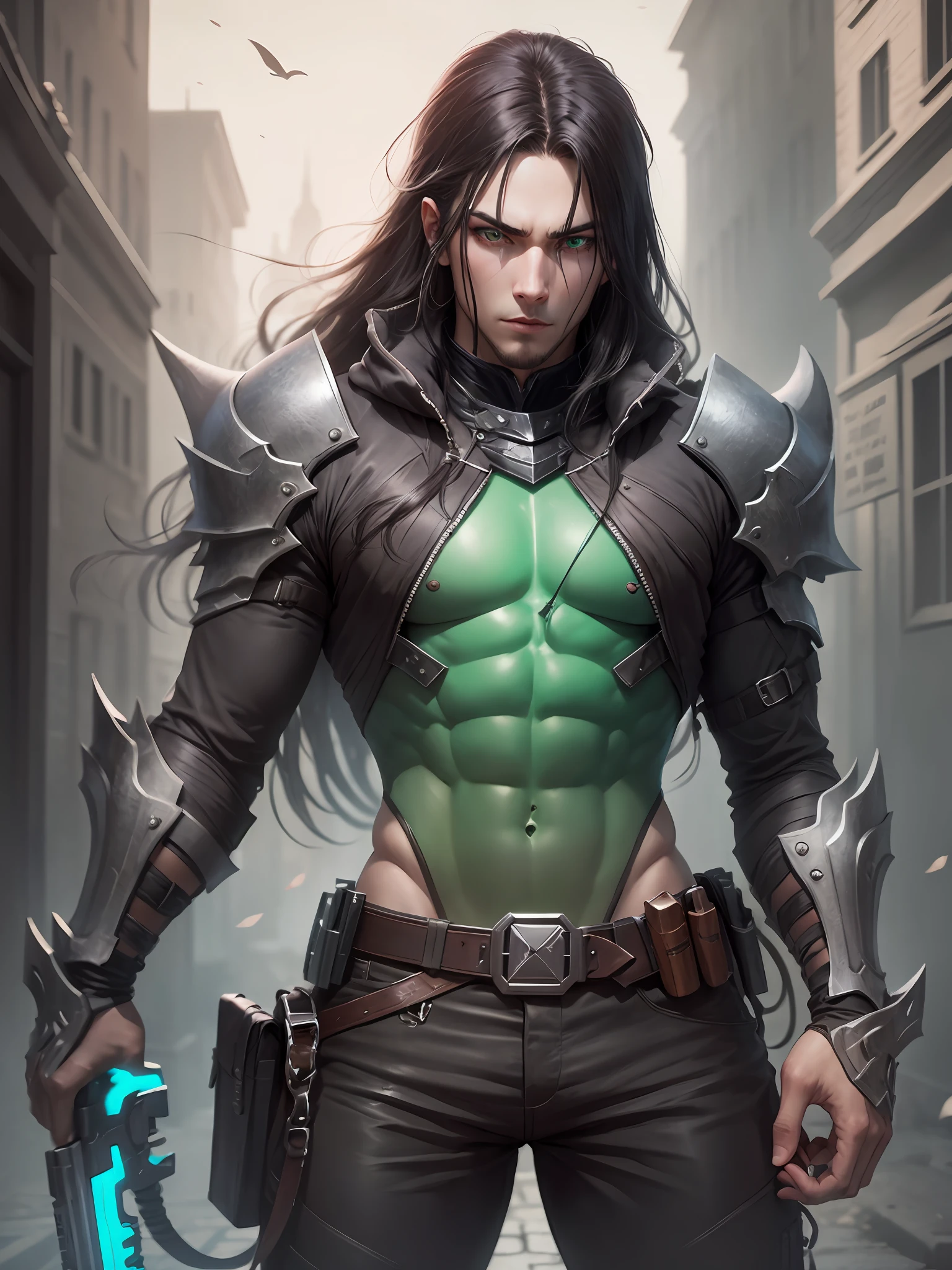 Male demon hunter long black straight hair green eyes two guns --auto --s2