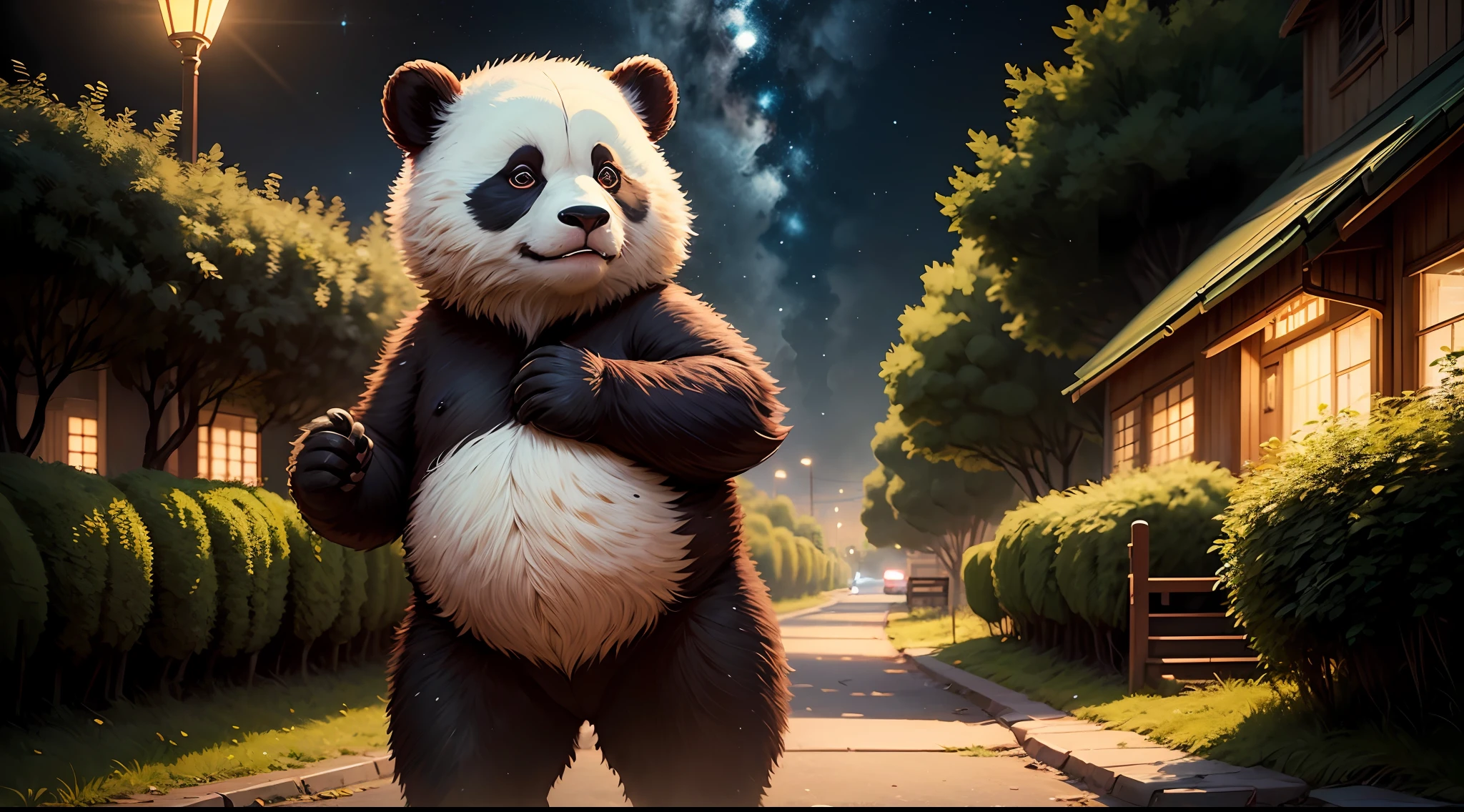 Gere um pequeno panda, wearing pants and a large headset, caminhando por um caminho numa floresta, heading towards a city lit up at night, All drawing with Japanese drawing strokes, alta qualidade, lineart preciso, altamente detalhado, Mantenha a morfologia natural do corpo de um urso panda de verdade, imagem perfilada, lots of vegetation --auto