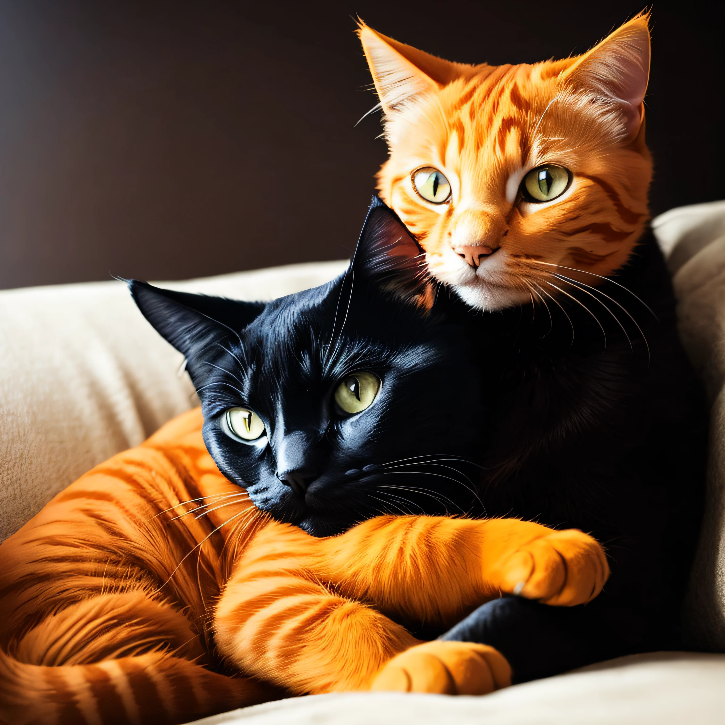 Make a picture of an orange cat cuddling in a black cat --auto