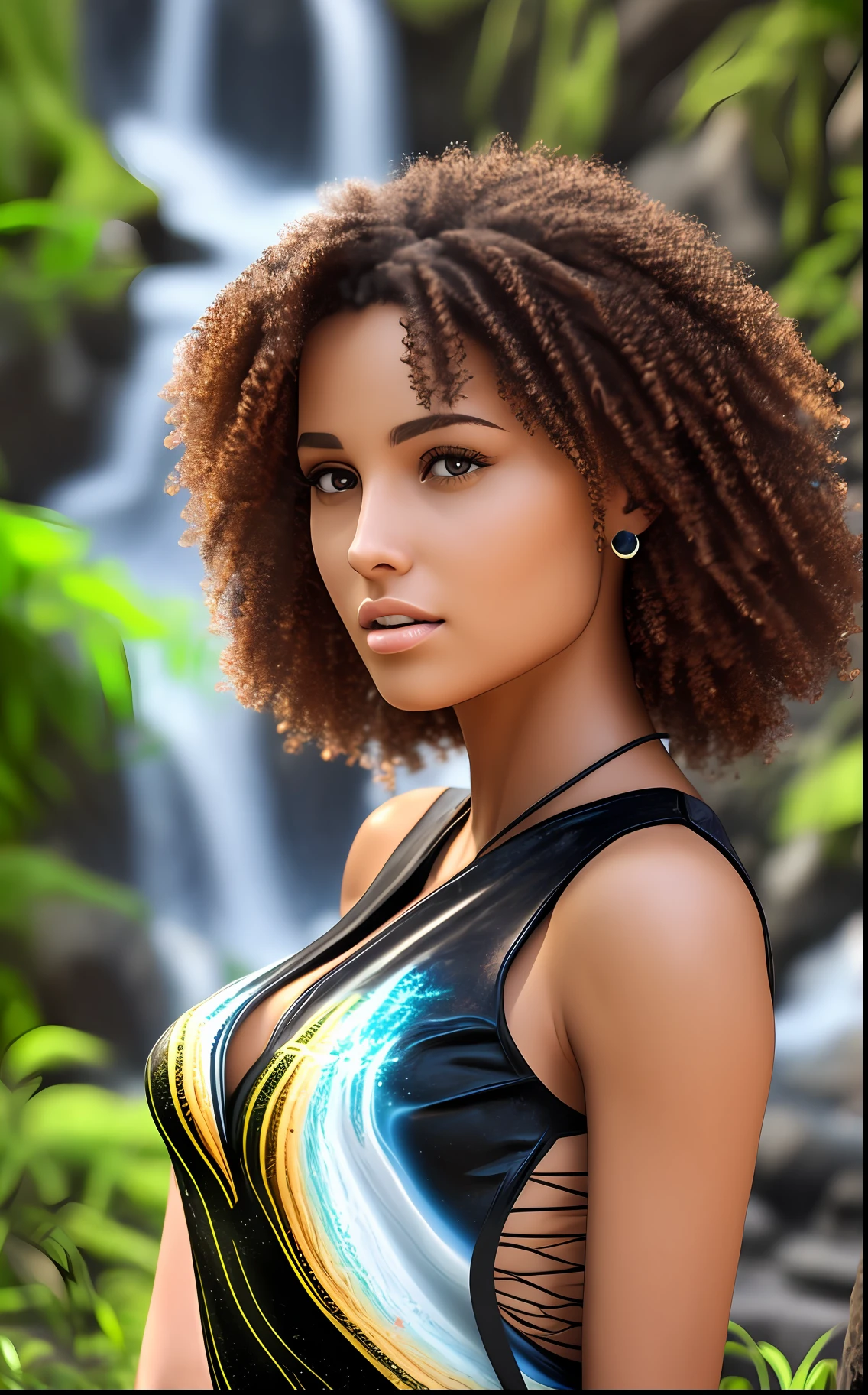 Ultra realistic beautiful woman, Brazilian, 30 years old, curly black hair, healed, with a low-cut short dress, black dress, woman in front of a very beautiful waterfall, super realistic 8k resolution --auto --s2