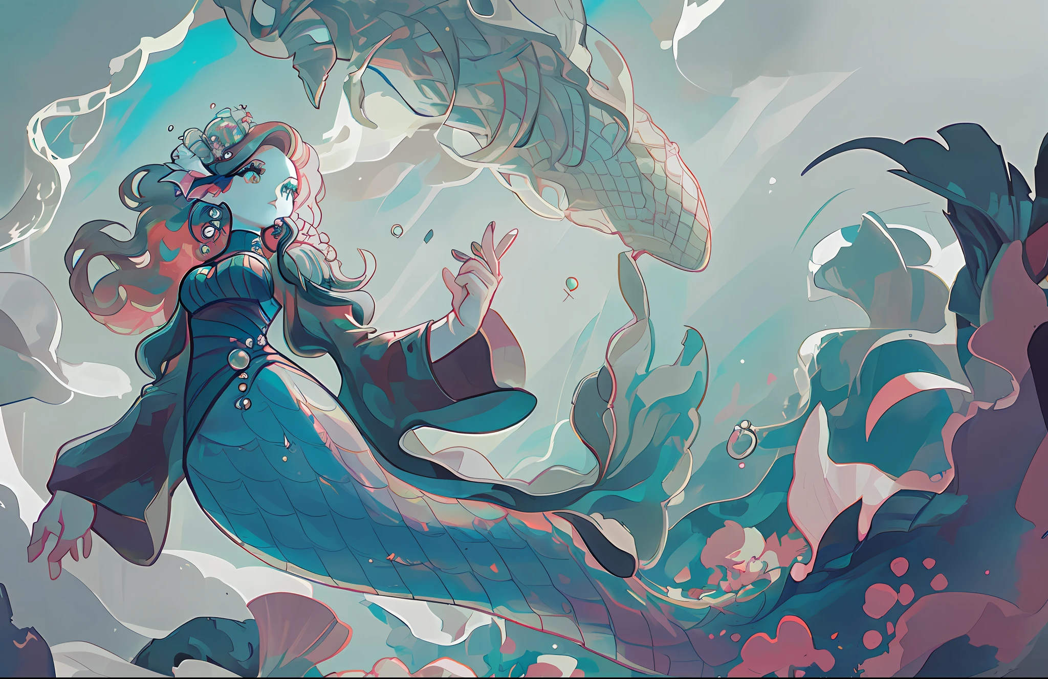 In the deep water of a coral reef, there is a mermaid that looks like a beautiful woman, the body color is more like emerald, the structure is a half mermaid, she looks at me from above, and I look at her from below, I hold a pearl in my hand masterpiece, best quality, cute, vibrant, iridescent, under the sea, mermaid, deep sea, fish, palace, (dark:1.5), piclill, 1girl, (sea foam), (piclill swimming with sea monster)(monster:1.5)