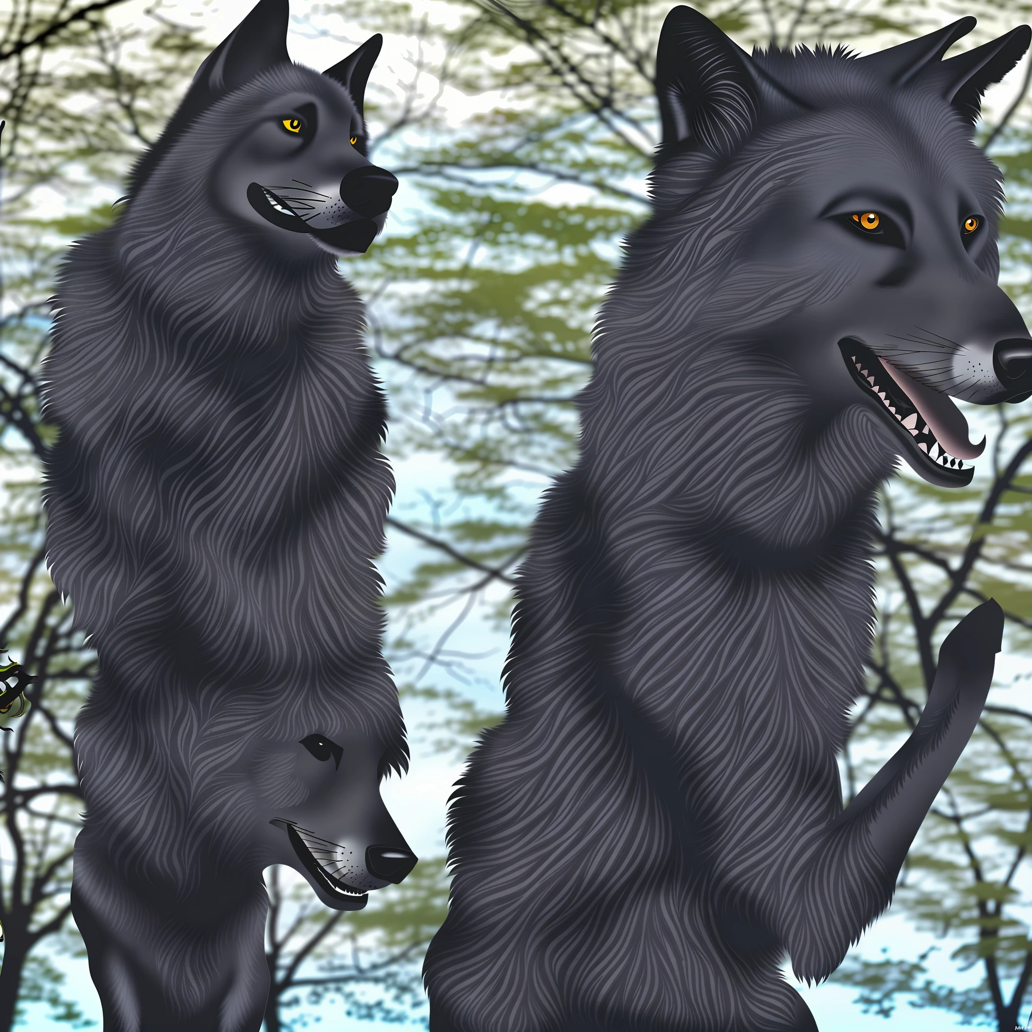 A humanoid wolf that has mostly black fur but has white tipped ear's with royal blue eyes, wears a Gray T-shirt with a black and white coat that goes to his knees and with some dark blue jeans. --auto