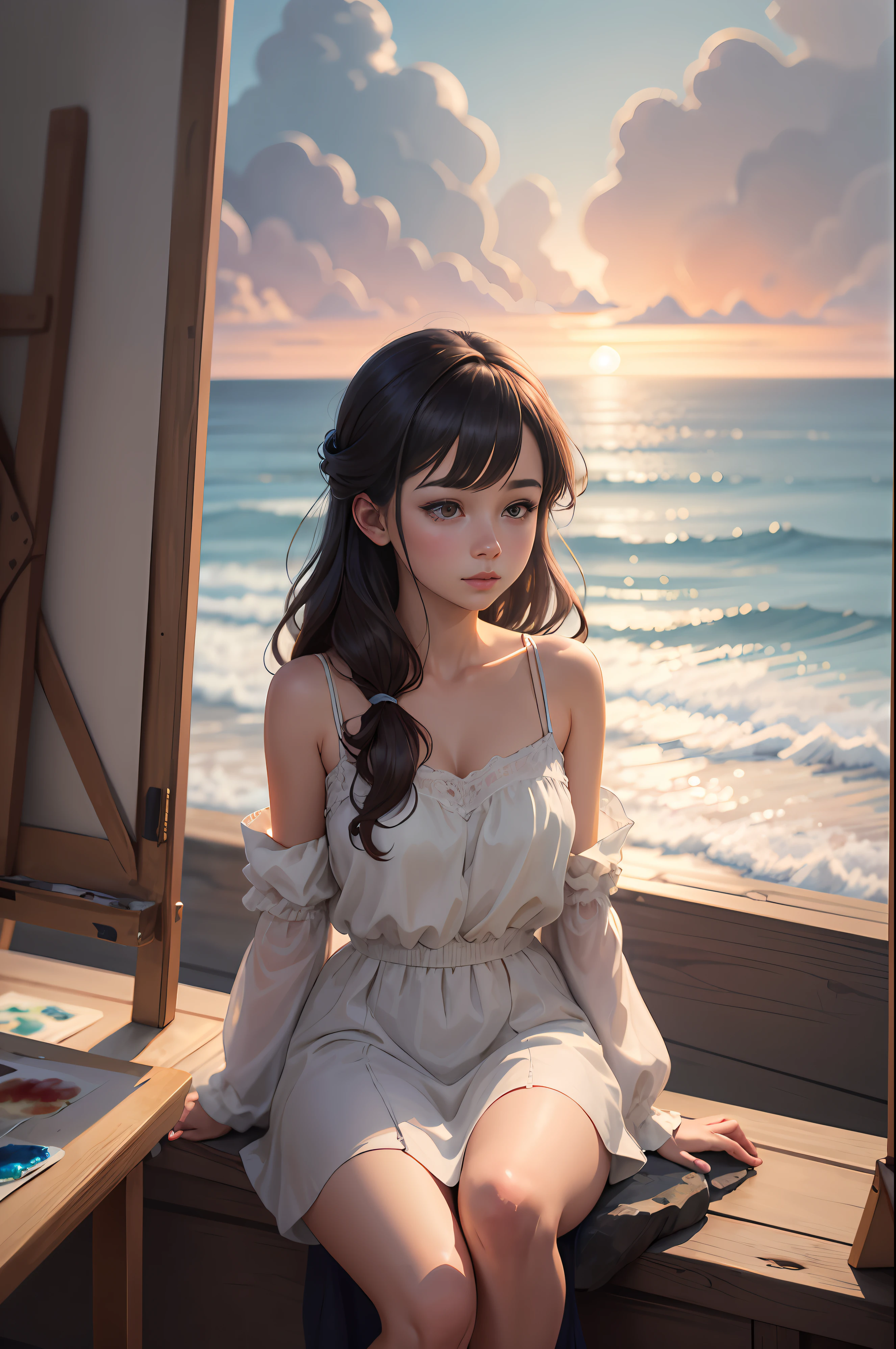 painting of a woman sitting on a rock looking out at the ocean, in the art style of bowater, made with anime painter studio, serene illustration, painted in anime painter studio, beautiful girl on the horizon, dreamy illustration, blurry and dreamy illustration, blurred and dreamy illustration, in style of digital painting, dreamlike digital painting, watercolor digital painting, girl watching sunset
