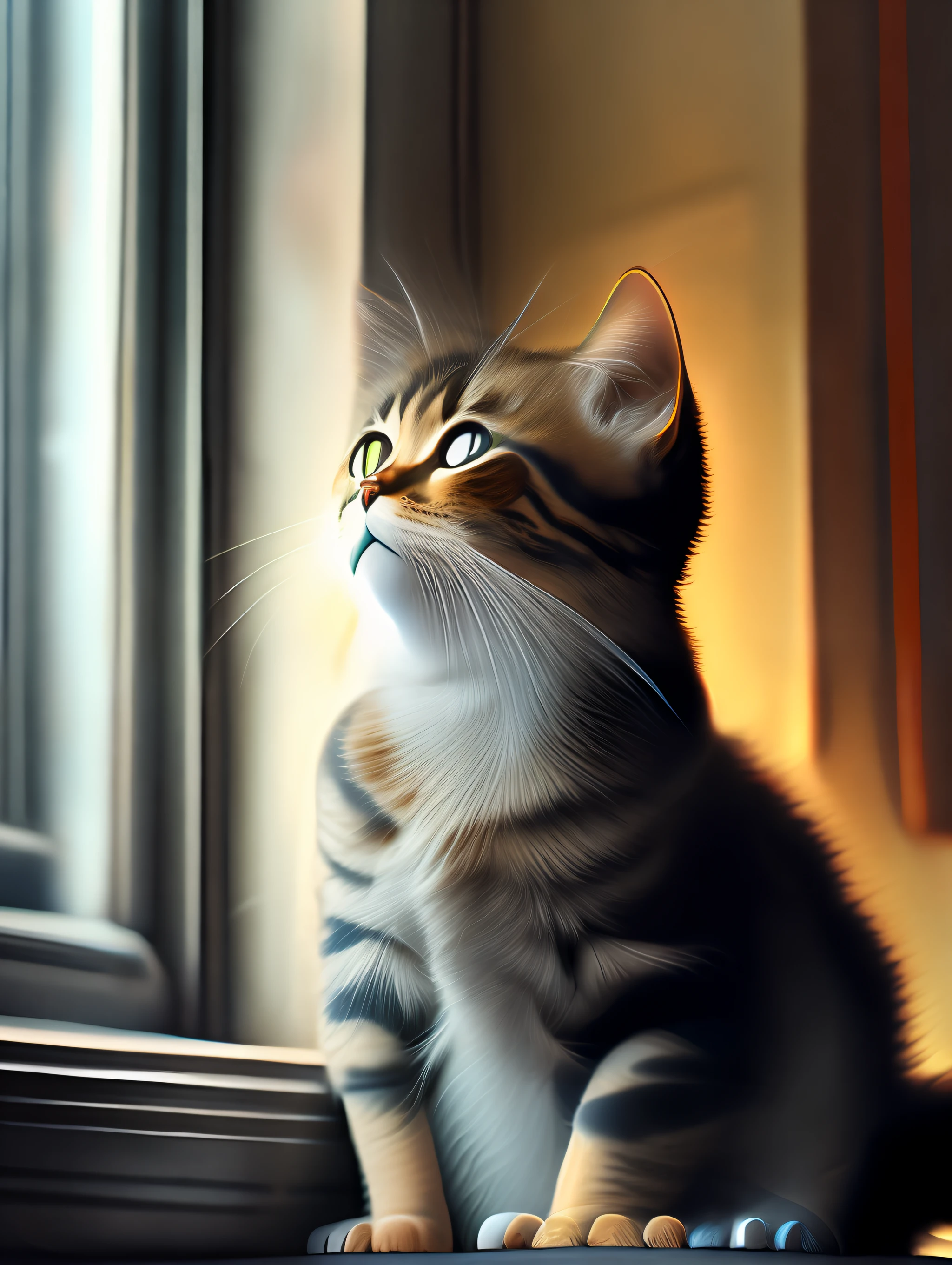 A curious cat with its head tilted, Watching a bird on the window sill.