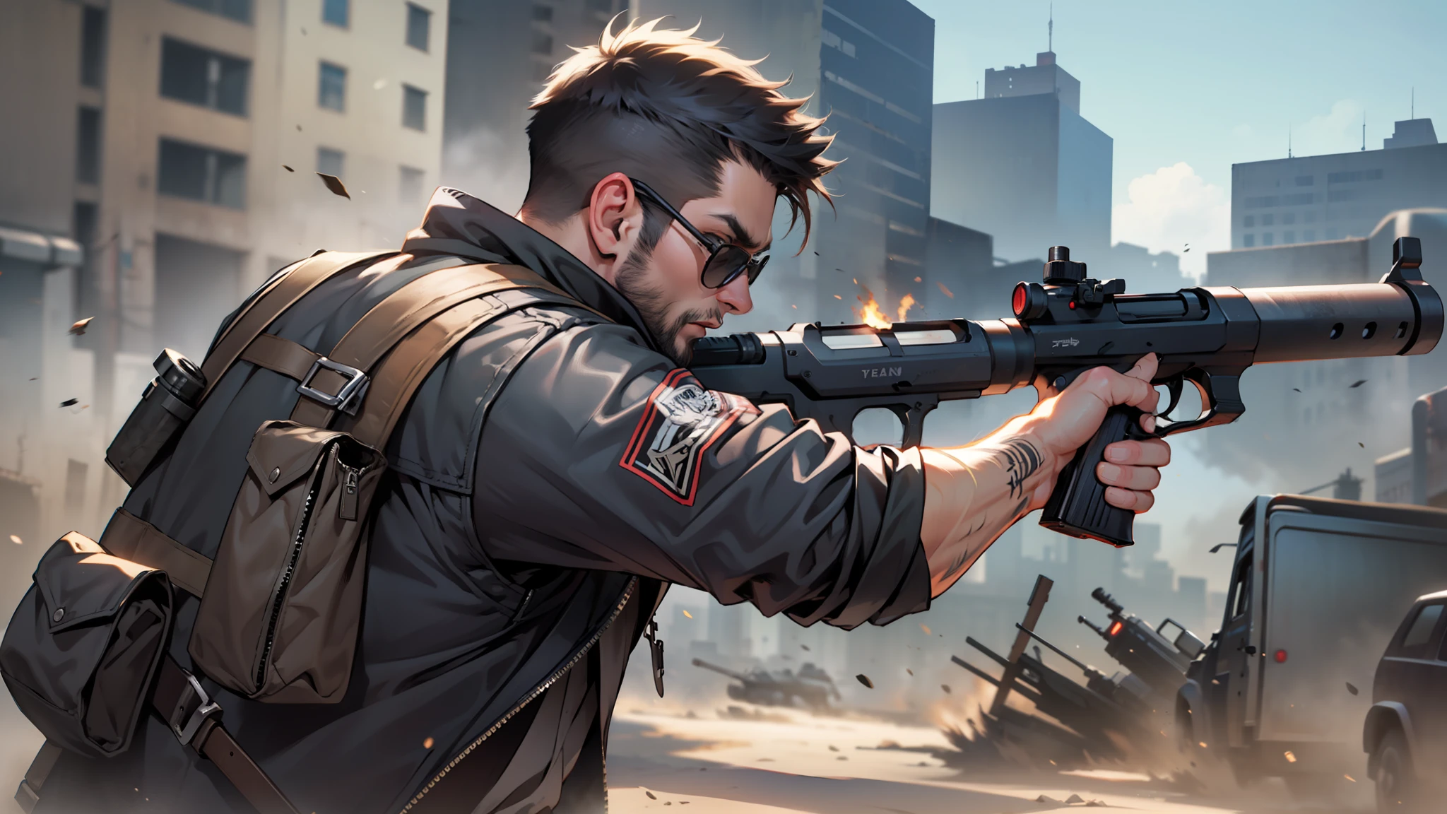 A guy wearing black jacket and sunglasses, aiming with a gun to the right, mad max style, shoot from behind of the guy