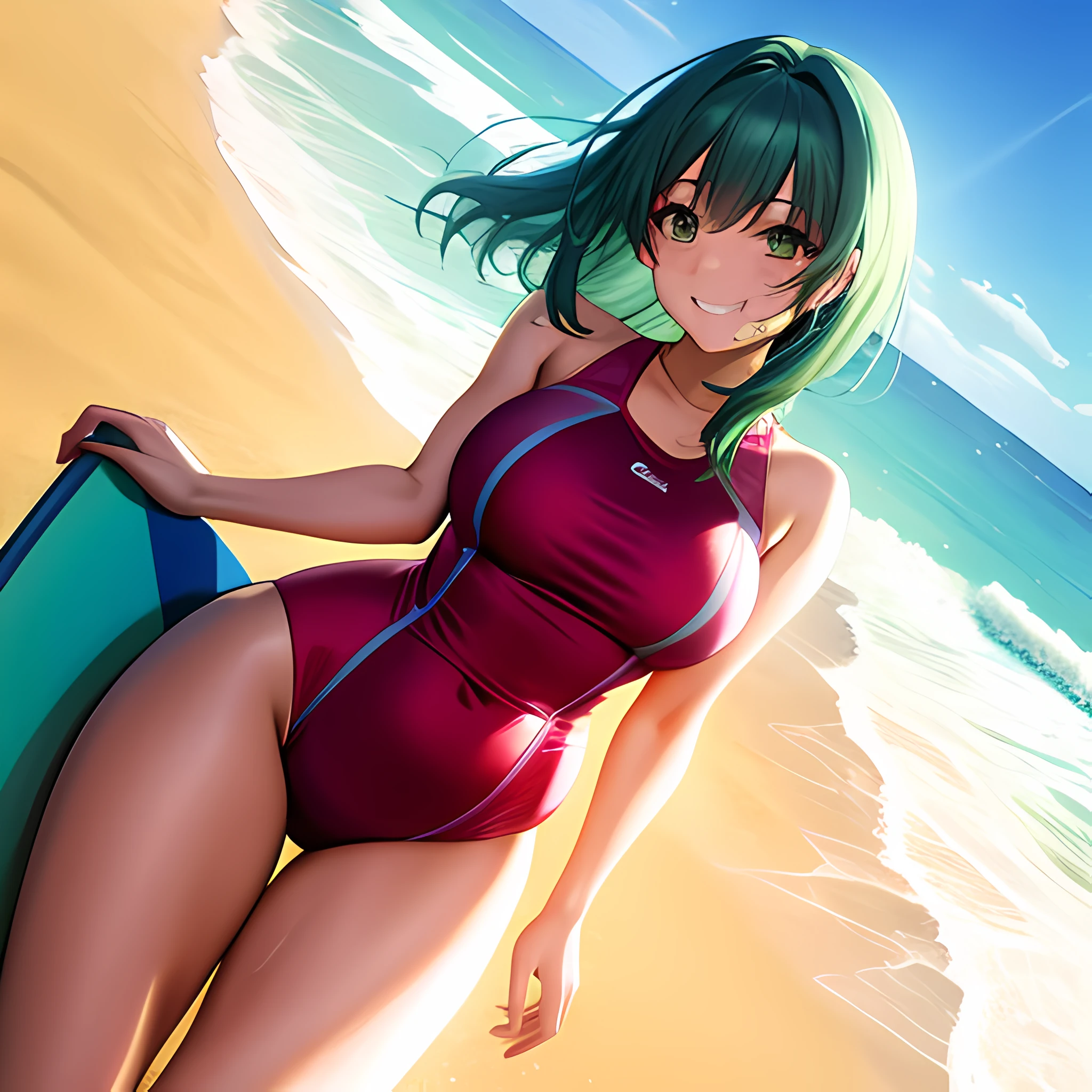 Beautiful anime illustration of a curvy woman with long sea-green hair running into the surf l and wearing a red one-piece bathing suit, windswept hair, grinning, tanned skin, holding surf board, 26 year old woman, detailed skin, sweating, sand, sunny, beach, ultra detailed, masterpiece, 8k, dynamic lighting, vivid, cell shading, sharp focus, dutch angle