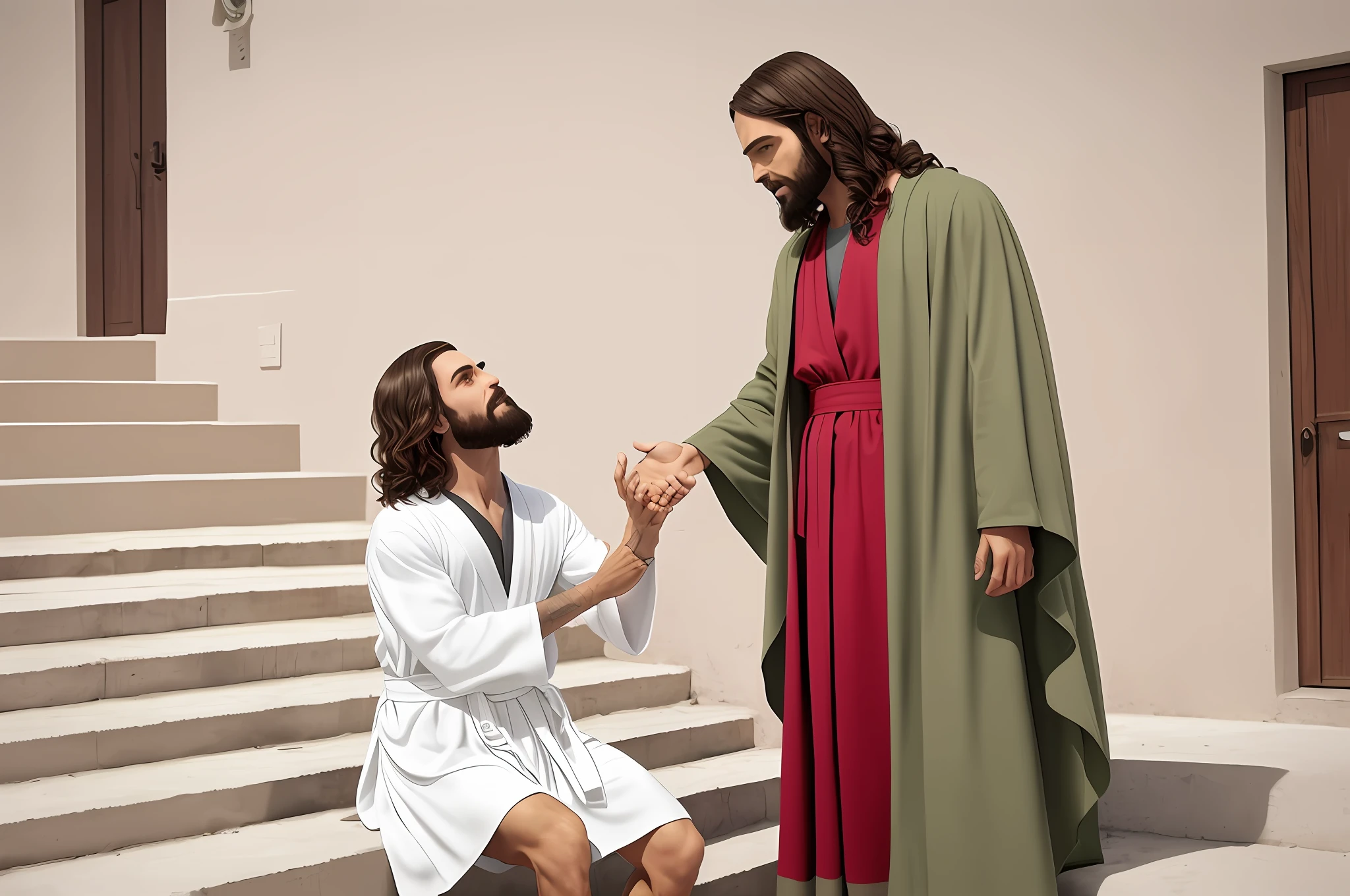 Jesus is sitting on the steps of a building with a man in a robe, Nicodemos, ele tem um tesouro com ele, bela cena, he is greeting you warmly, reconfortante e familiar, Imagem absolutamente excepcional, A cena mais bonita, Devastador, beautiful depiction, cena maravilhosa, cena poderosa, altamente renderizado, Directed by: Scott M. Fischer, look what you have done, coroa na cabeca, rei, coroa