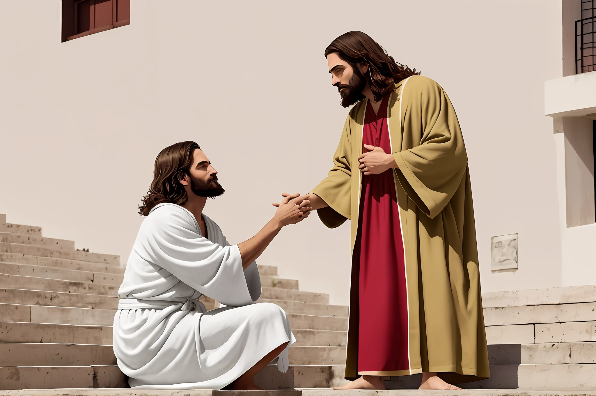 Jesus is sitting on the steps of a building with a man in a robe, Nicodemos, ele tem um tesouro com ele, bela cena, he is greeting you warmly, reconfortante e familiar, Imagem absolutamente excepcional, A cena mais bonita, Devastador, beautiful depiction, cena maravilhosa, cena poderosa, altamente renderizado, Directed by: Scott M. Fischer, look what you have done, coroa na cabeca, rei, coroa