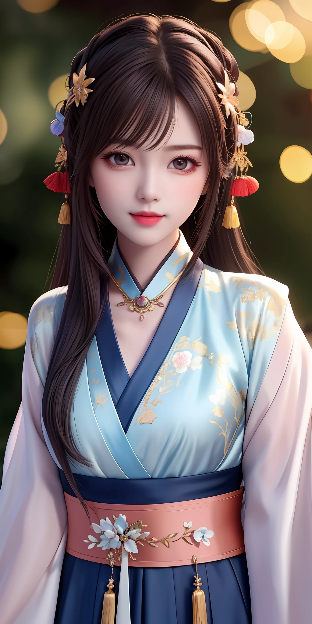 best quality, masterpiece, highres, 1girl,blush,(seductive smile:0.8),star-shaped pupils,china hanfu,hair ornament,necklace, jewelry,Beautiful face,upon_body, tyndall effect,photorealistic, dark studio, rim lighting, two tone lighting,(high detailed skin:1.2), 8k uhd, dslr, soft lighting, high quality, volumetric lighting, candid, Photograph, high resolution, 4k, 8k, Bokeh