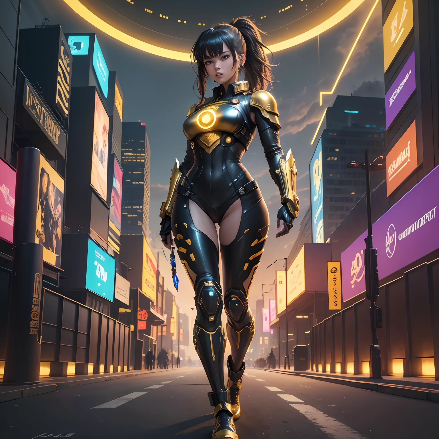 Lucy's Cyberpunk edge runners como, wearing the golden armor of Leo of the knights of the zodiac,Erectile beauty, seios grandes, corpo inteiro, dinamic poses, fundo amarelo, Cartaz cyberpunk, Technological weapon, papel de parede 8k, melhor qualidade, Tranding Tampos Pintreste. --auto