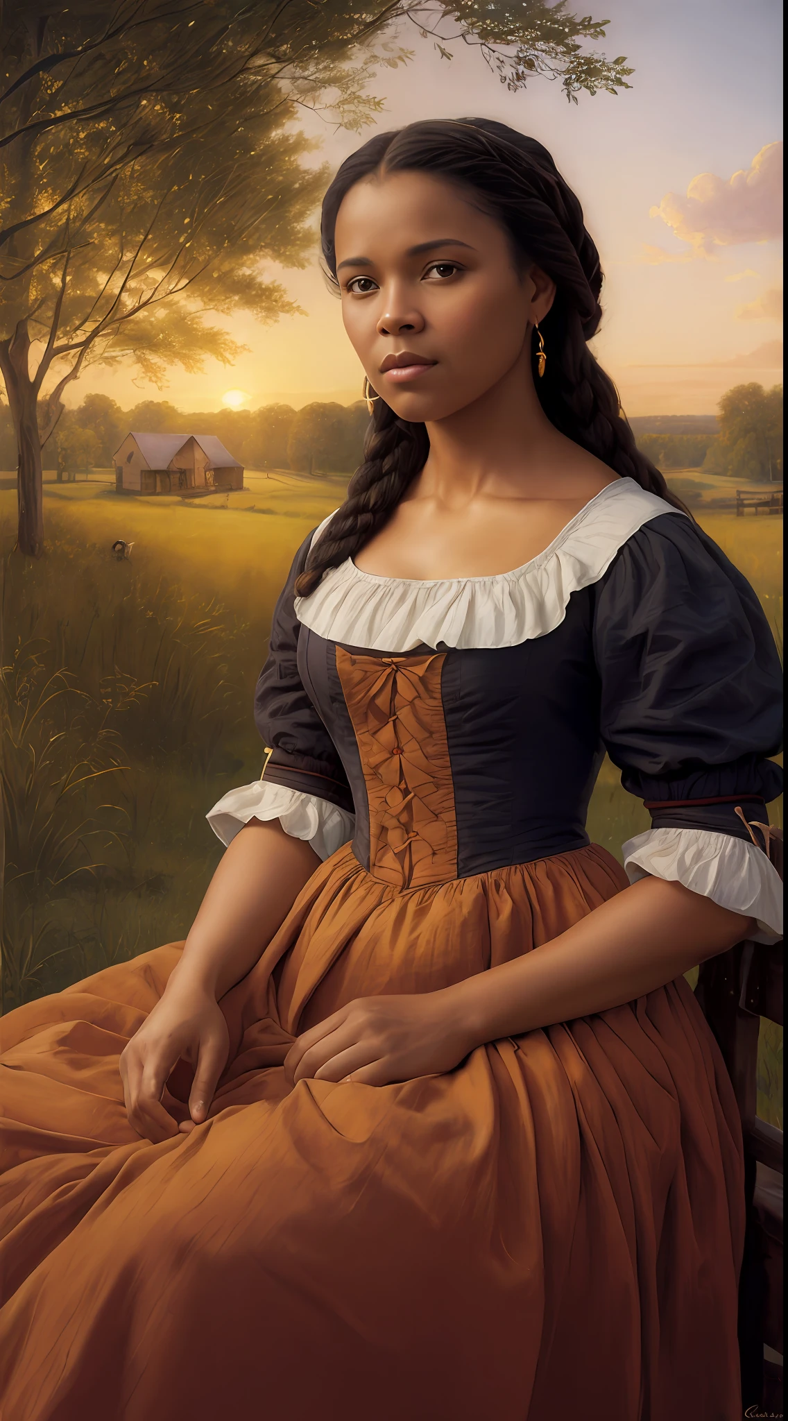 (masterpiece, high resolution, oil painting:1.3), (style: Greg Rutkowski:1.2), Sally Hemings, 18th-century attire, (simple cotton dress:1.1), emotionless expression, rustic slave cabin background, sweeping Virginia plantation, setting sun, vibrant oranges and purples, (warm colors:1.2), rich textures, close-up, frontal view.