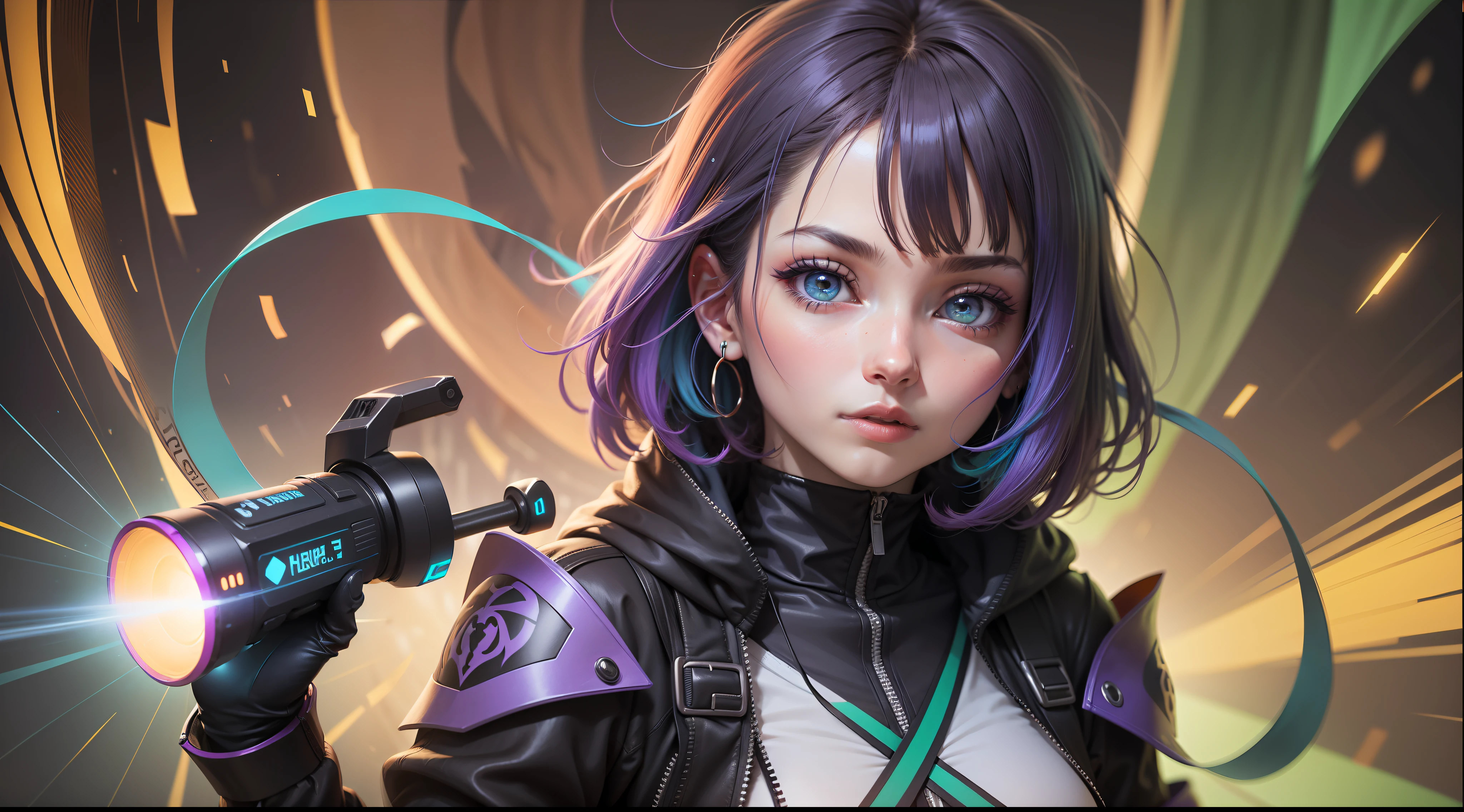 Mulher ninja com fone de ouvido sentido paz, olhos fechados, rosto bonito, cores RGB, cabelo roxo brilhante, colorido anime, fundo brilhante, Banner for youtube video, menina feliz, nuvens com cores RGB, cores RGB brilhantes, completo, ser celestial, garota gamer.