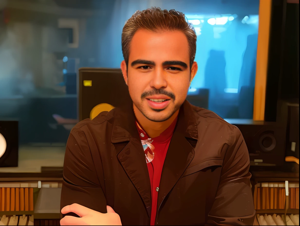 There's a man sitting in front of a mixing desk, caio santos, Joel Torres, Rua Juliana, Cristiano Orrillo, victor maristane, danilo torres, andres rios, marc brunet |, joe alves, David Villegas, Miguel Vicente, Jon Berkey, Miguel Maurino, Alejandro Mirabal, Alex Miranda, Esteban Maroto, Fernando Guerra
