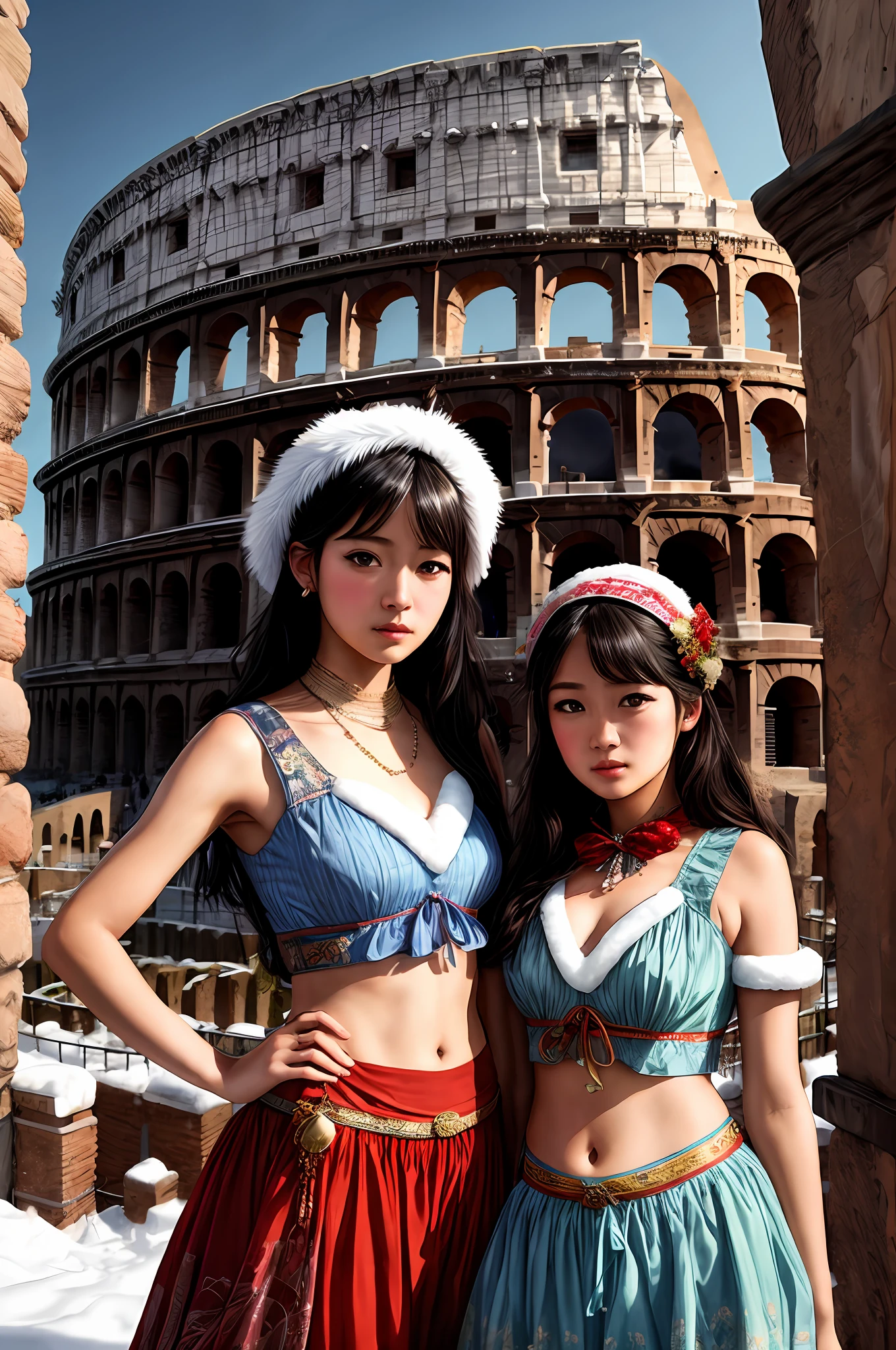 (Positive focus),2girls,duo,navel,(on the Colosseum of Rome,crowd,winter,Snowy),Surrealistic Female Portraits by David Hockney and Alphonse Mucha,Fantasy art,photograph realistic, Dynamic lighting,art stations,poster for,Volumetriclighting,Very detailed faces,4K,Award-Awarded,Fantastic costumes,Deep shadows,low tune,cowboy lens, (official outfit:1.4), looking at the camera in, Half-body shot,((Realistic face))),