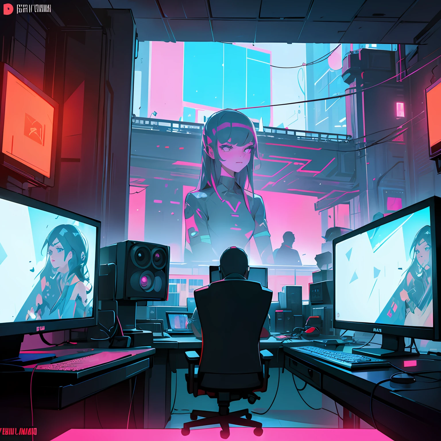 Computers flying and exploding inside an office. Cyberpunk and post-Soviet modernism-themed style. Close view, neon lights., Pop art, Pixar, Three-sided view, UHD, anatomicamente correto, pele texturizada, super detalhe, alta qualidade, 4K --auto