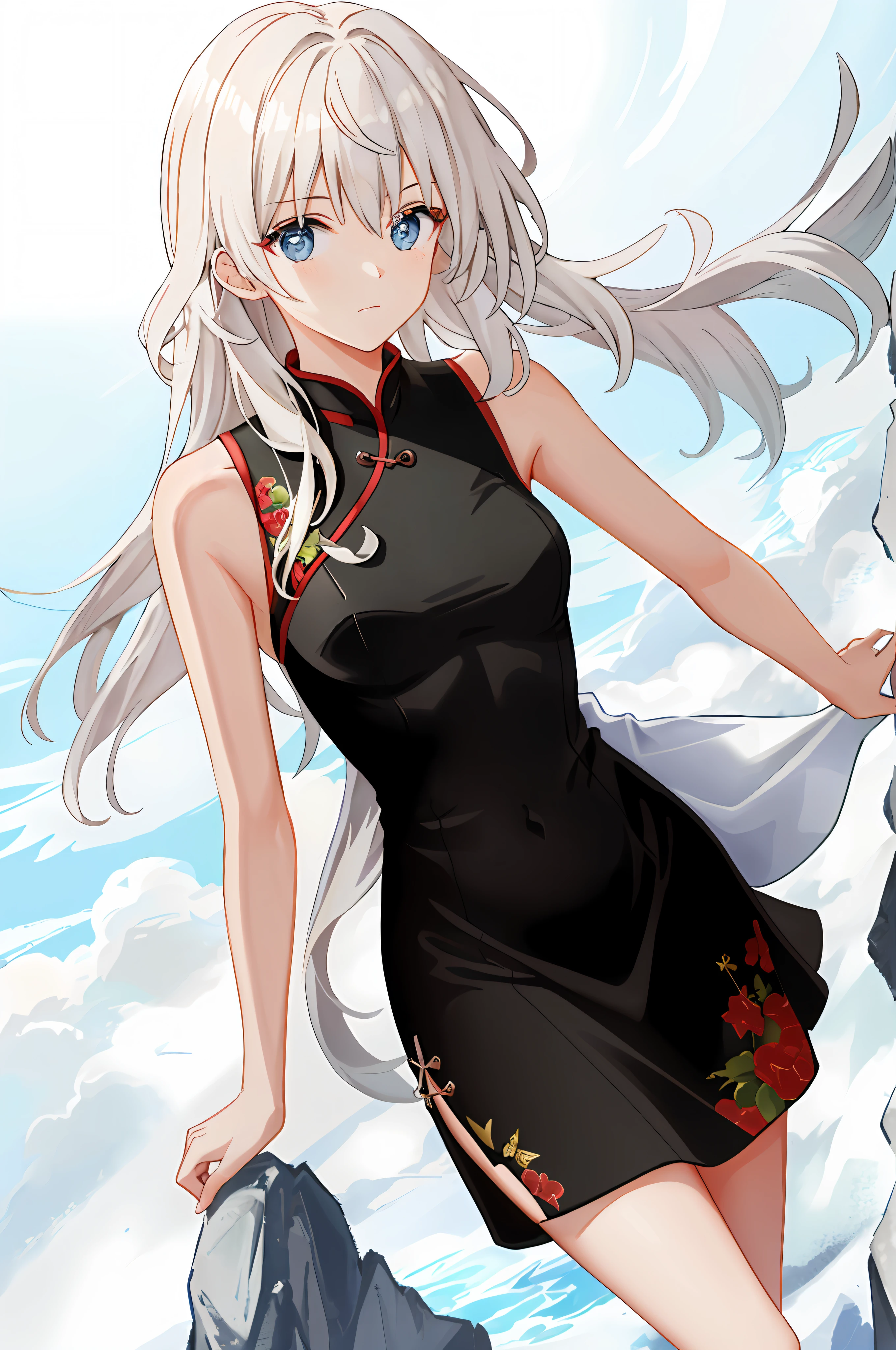 cropped shoulders，Beth，Best Picture Quality，White porcelain cheongsam，white color hair