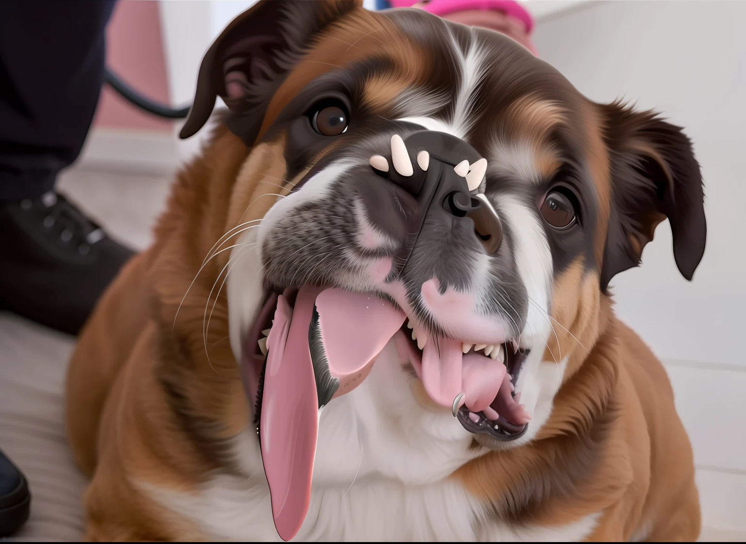 Hay un perro con la lengua fuera y la lengua colgando, growling dog teeth, dientes de perro, dientes redondos y cara tonta, Dientes babeantes descubiertos, dientes adicionales, demasiados dientes, colmillos y babas, Apariencia feroz, hocico largo, criatura carnosa sobre su boca, enormes dientes puntiagudos, lengua que sobresale, Colmillos grandes, lengua fuera