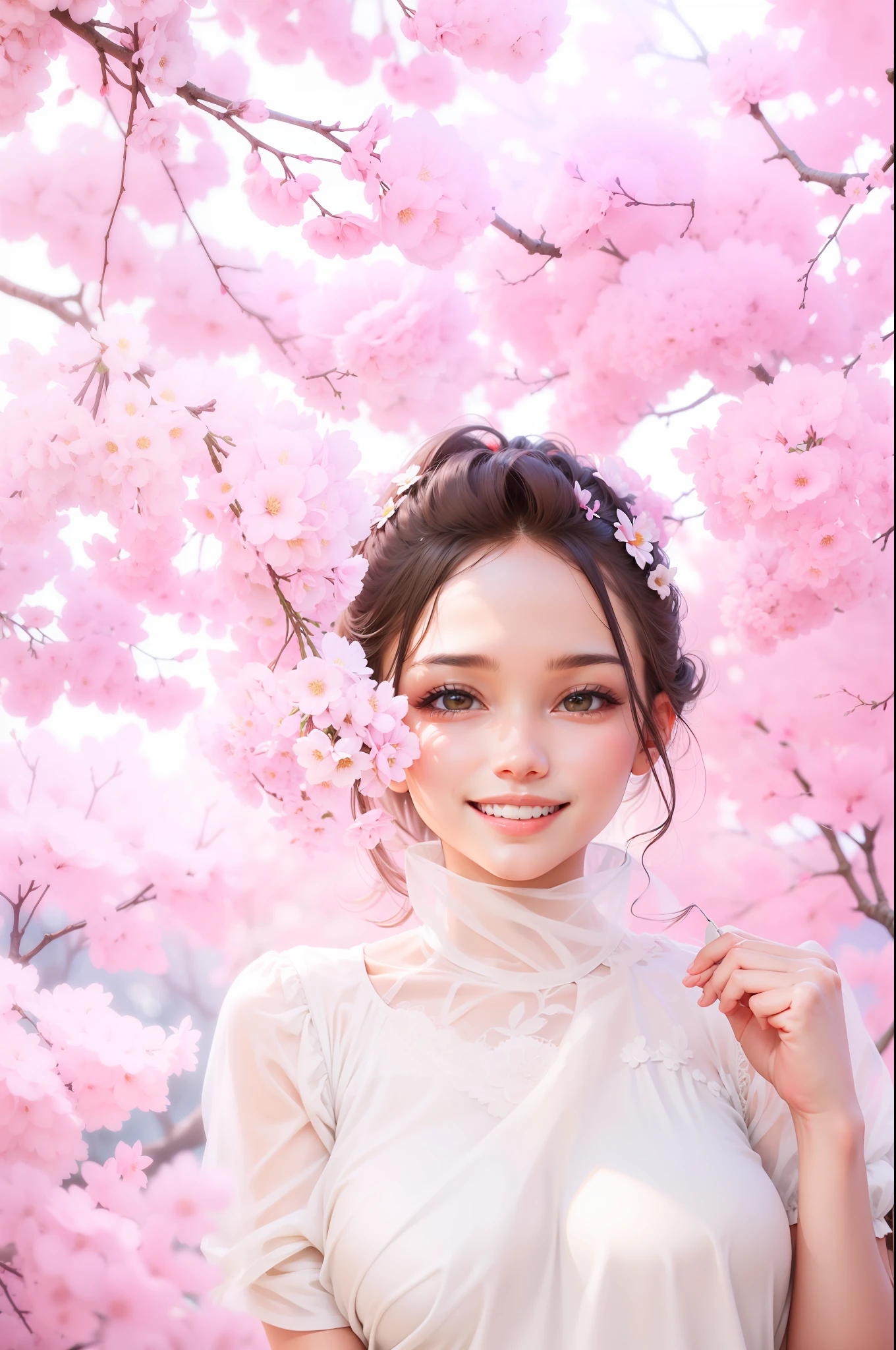 A girl standing under a tree full of flowers,Look at your lover with a gentle and smiling smile