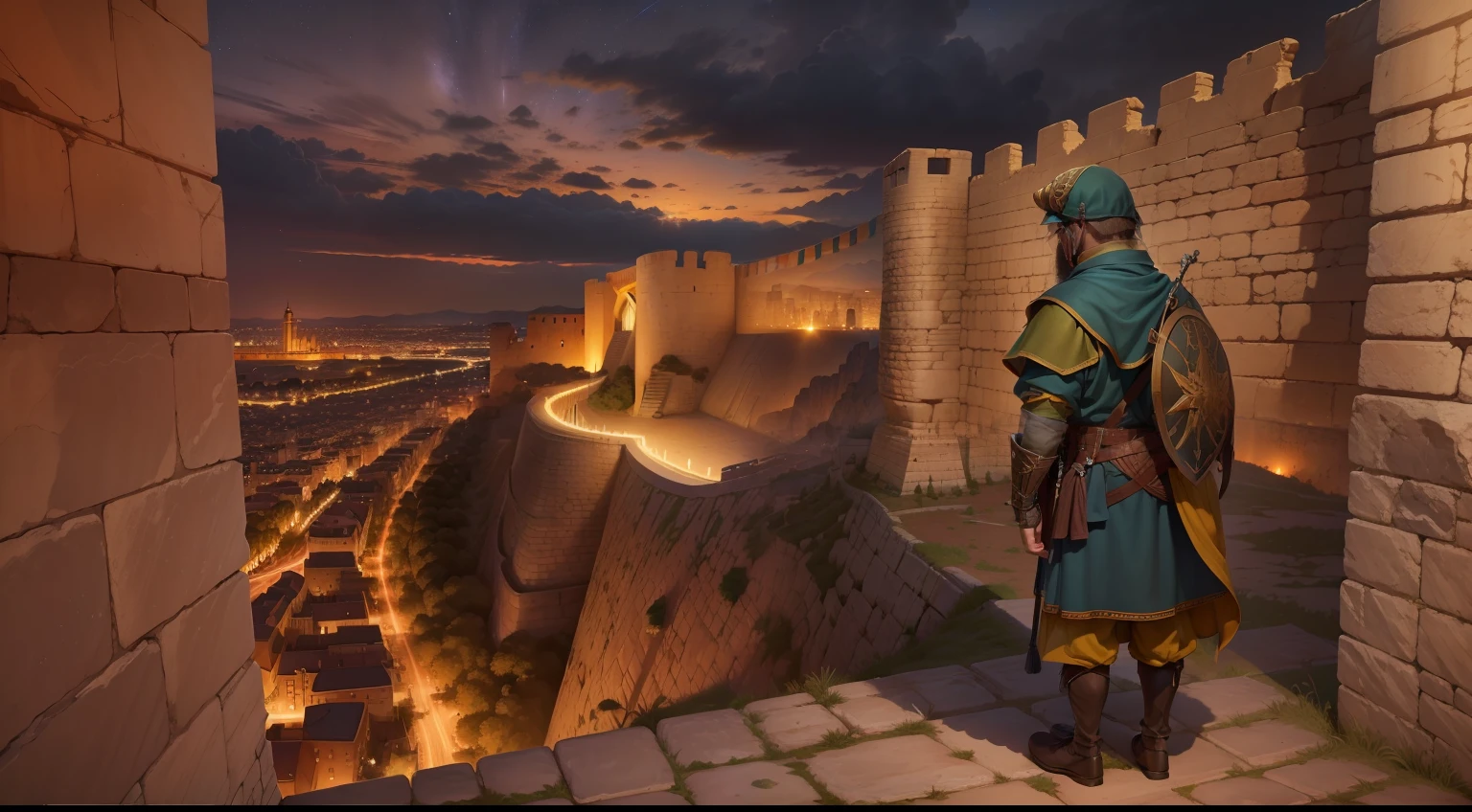 "(vista frontal:1.2, natural lightting, Canaanite soldier peers over the battlement of the city wall of Jericho, noite, semblante assustado, temeroso:1.3, 4k HDR:1.1)"