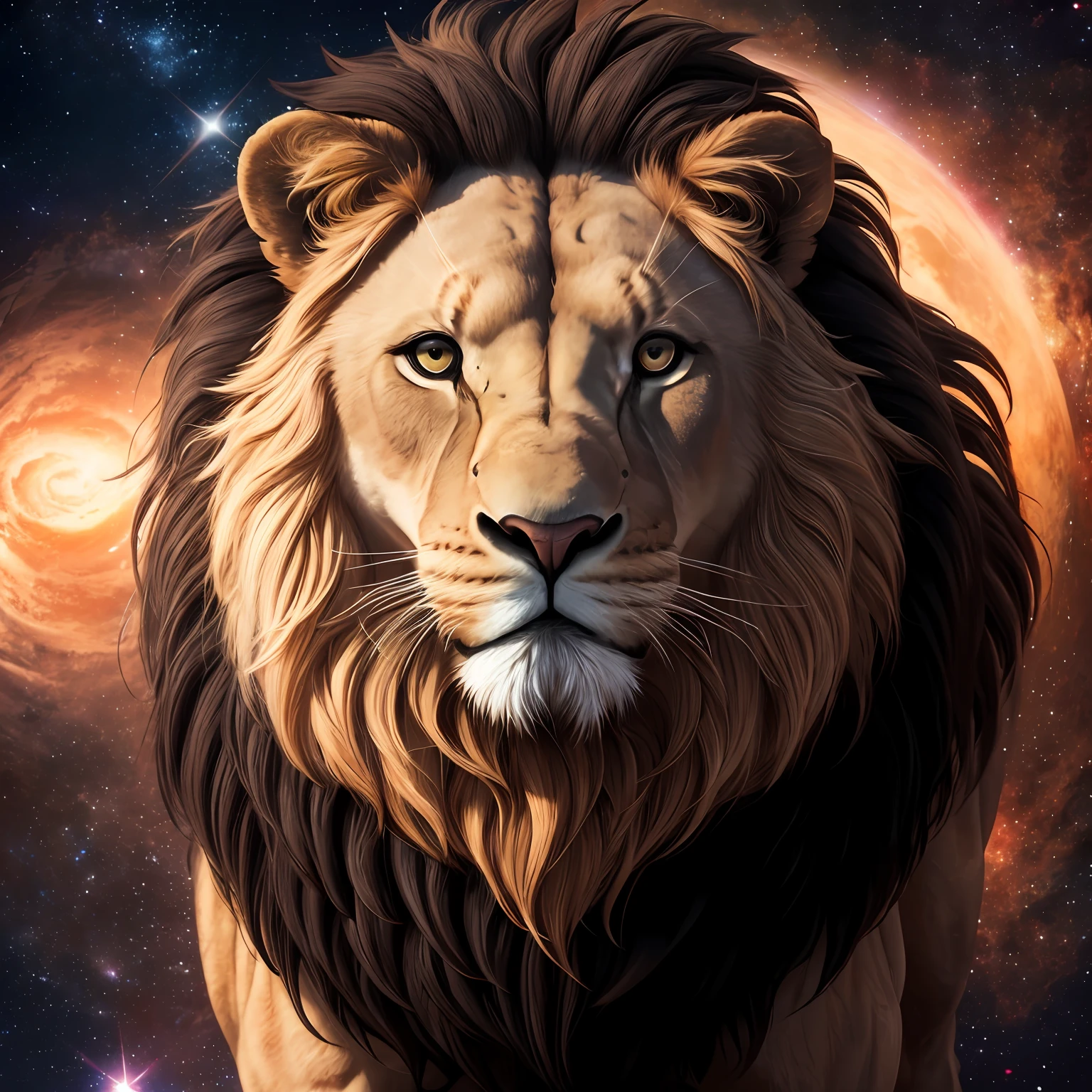 "Lion-shaped galaxy, hyper-realistic,altamente detalhado,K HD |,octane rendering"