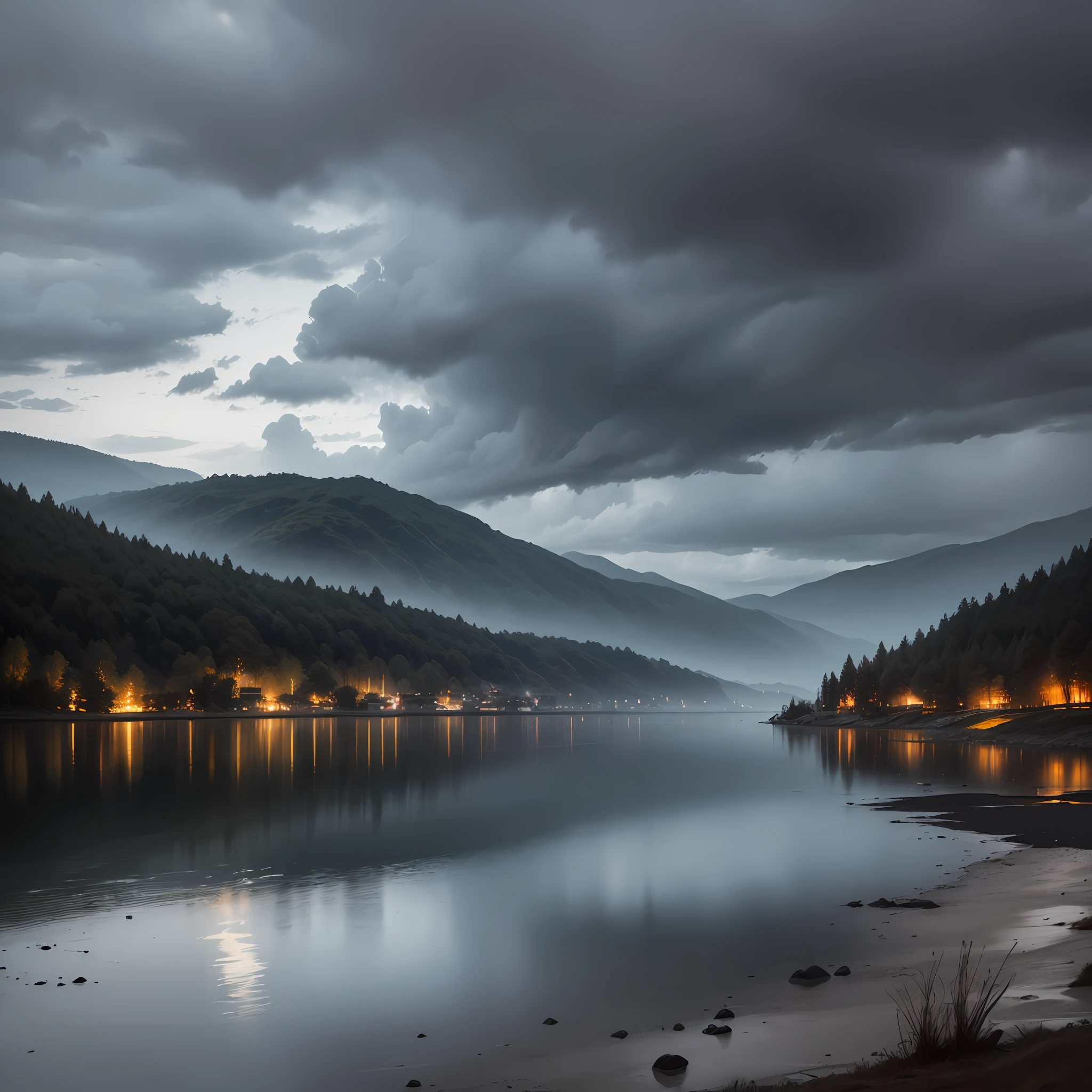 "Dark and melancholic atmosphere by the lakeside with small hills, amidst pouring rain, under dark clouds."