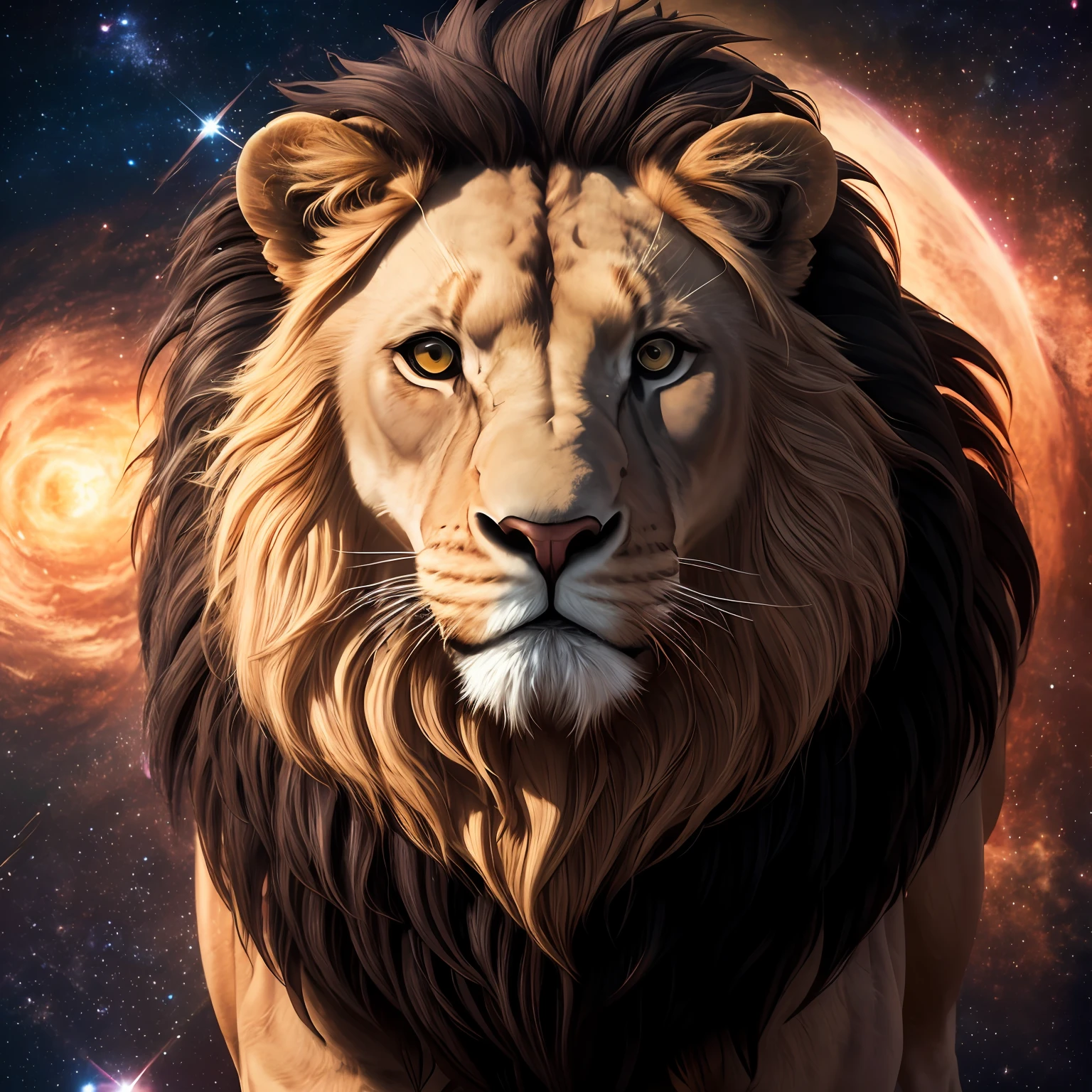 "Lion-shaped galaxy, hiper-realista, altamente detalhado, 8K HD, octan render"