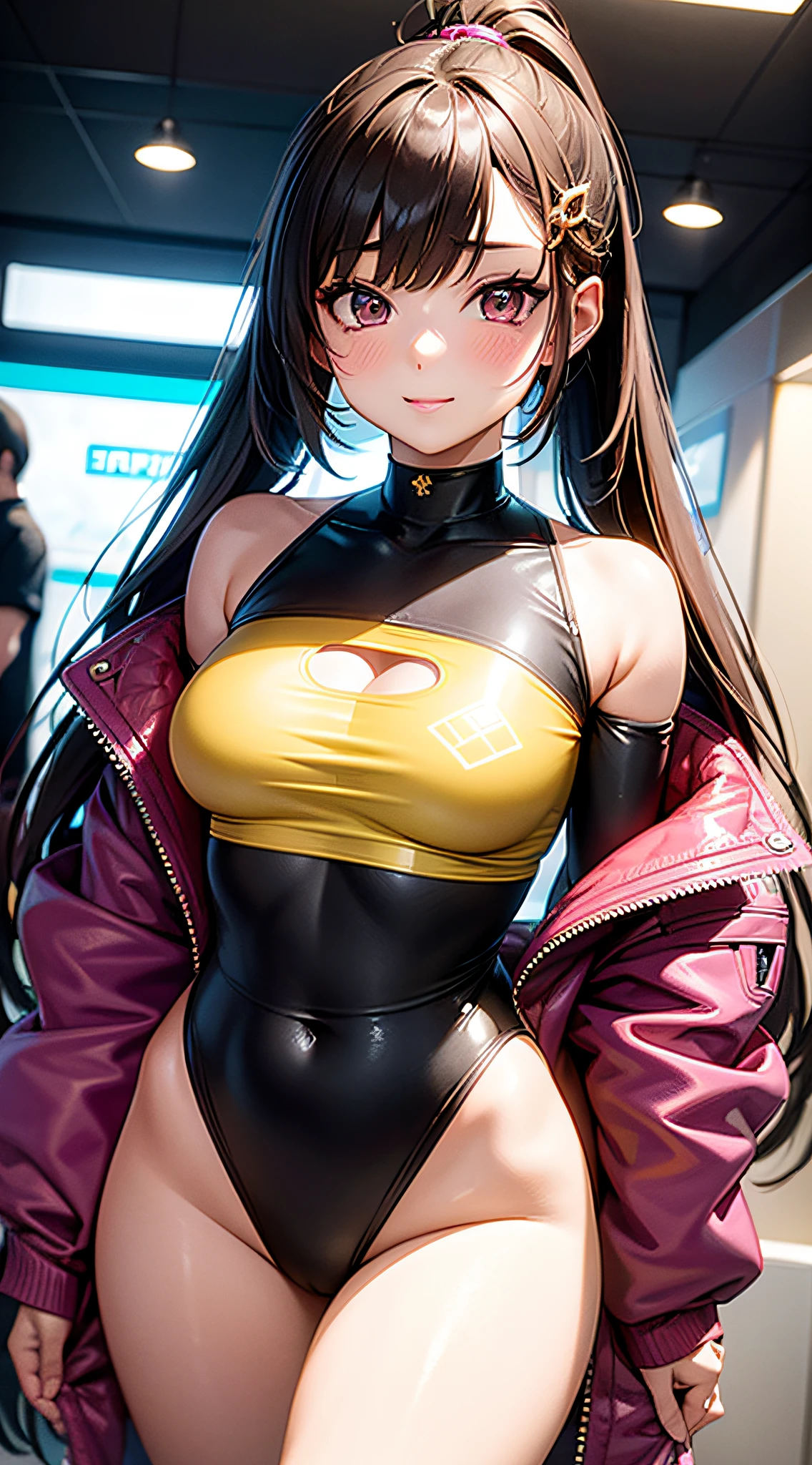 SeaArt Bot
Upscaling
15:07:42
Task ID:46547627880517
((Masterpiece)), best quality, absurderes, ultra detailed, holographic, cowboy shot, golden ratio, super cute girl, mature girl, idol girl, super beautiful asian girl with very beautiful violet glowing eyes, beautiful glowing brown multicolored hair, high ponytail, nice and sexy body, slim body, perfect body, wearing a super tight anime printed leotard, an anime printed super tight off shoulder long sleeve crop top, a super aesthetic transparent mini jacket, beautiful hair ornament, pink jordan tennis, being photographed in a mall shop, with her handsome skinny boyfriend, with black messy glowing hair and super casual clothing