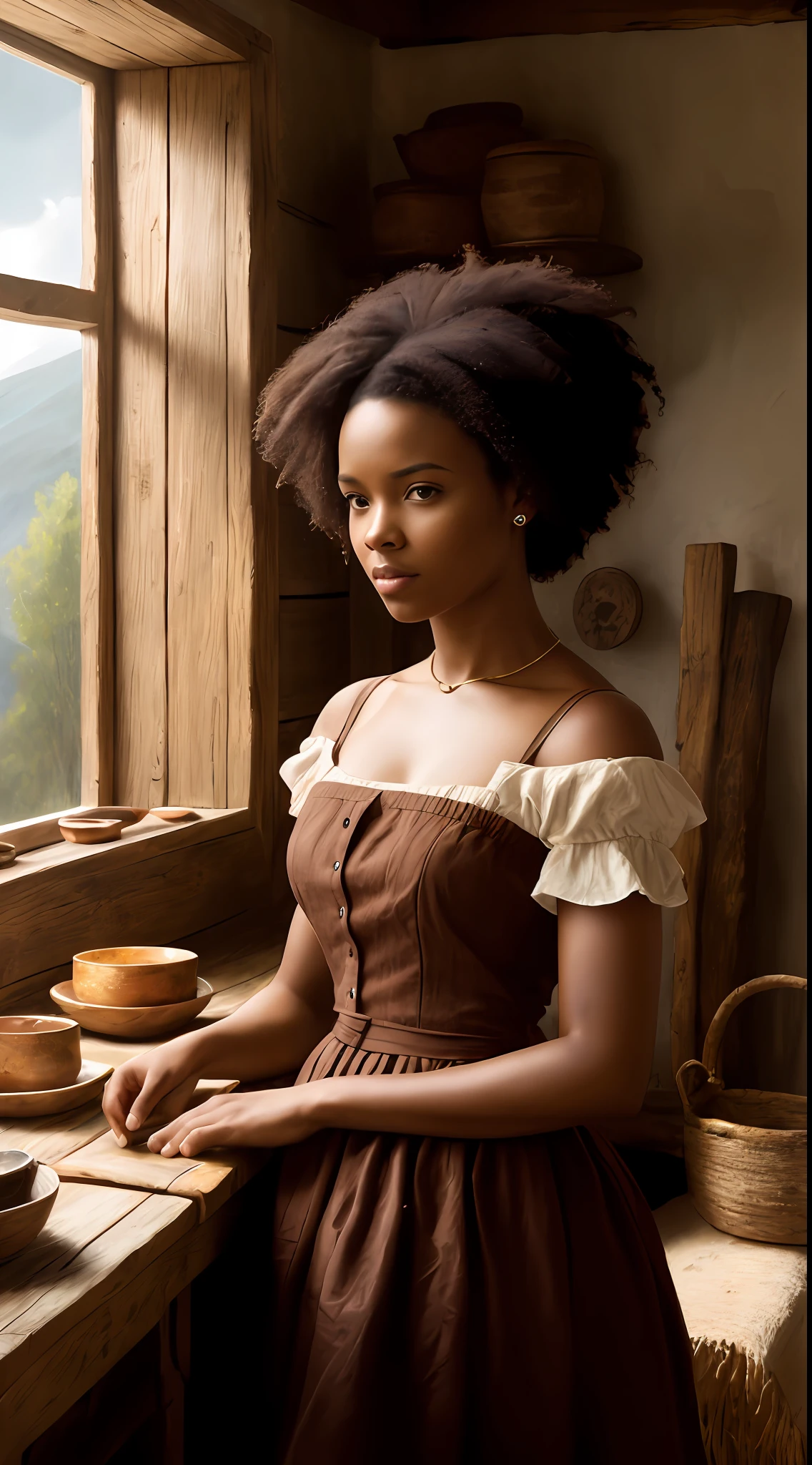 (masterpiece, 8K, oil painting, Greg Rutkowski style:1.3), Sally Hemings, (tanned skin:1.2), deep-set (brown eyes:1.1), 18th-century slave attire, simple cotton dress, blank expression, rustic cabin background, wooden furnishings, earthen pottery, vibrant colors, (warm light filtering through window:1.2), painterly brushstrokes, detailed, frontal view, waist-up