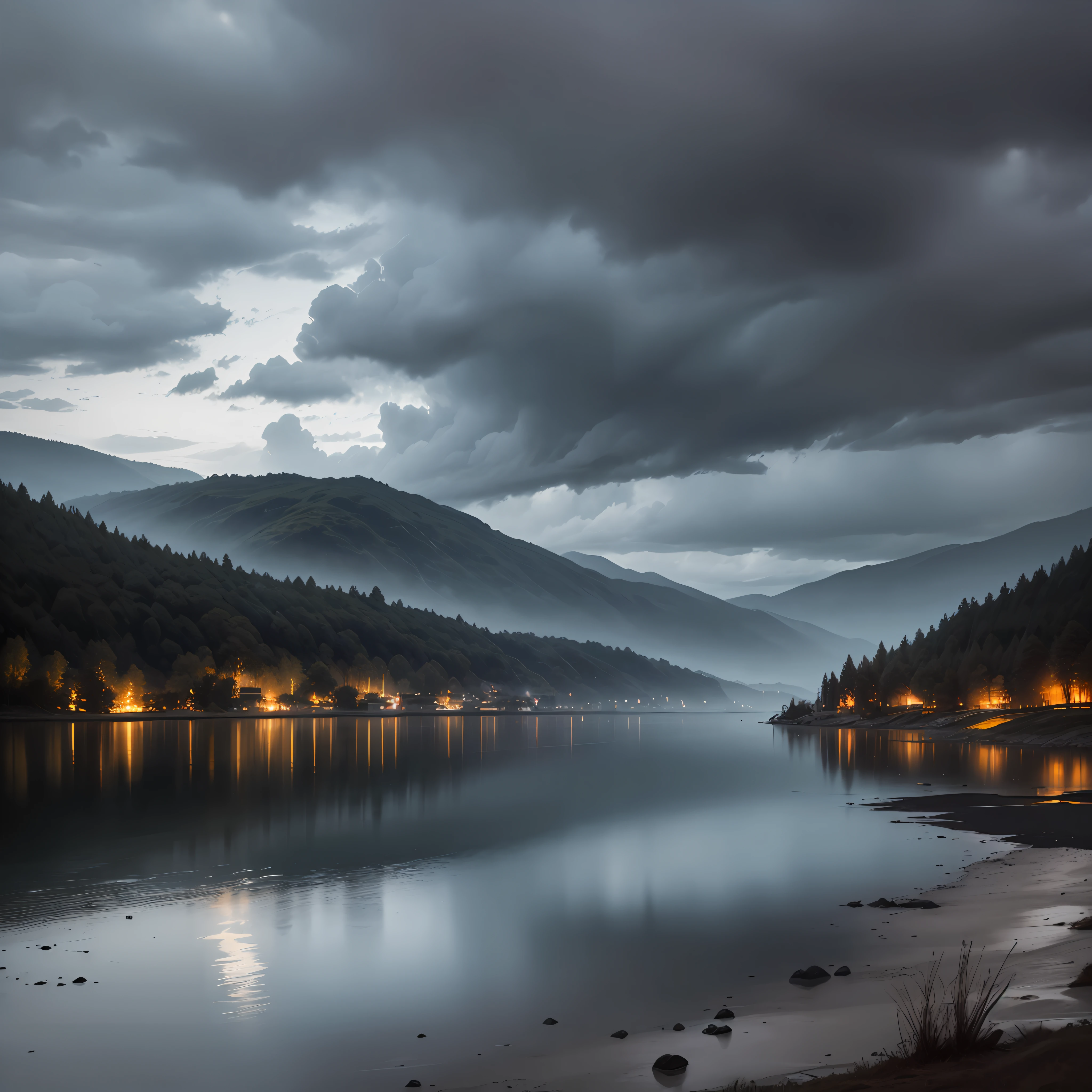 "Dark and melancholic atmosphere by the lakeside with small hills, amidst pouring rain, under dark clouds."