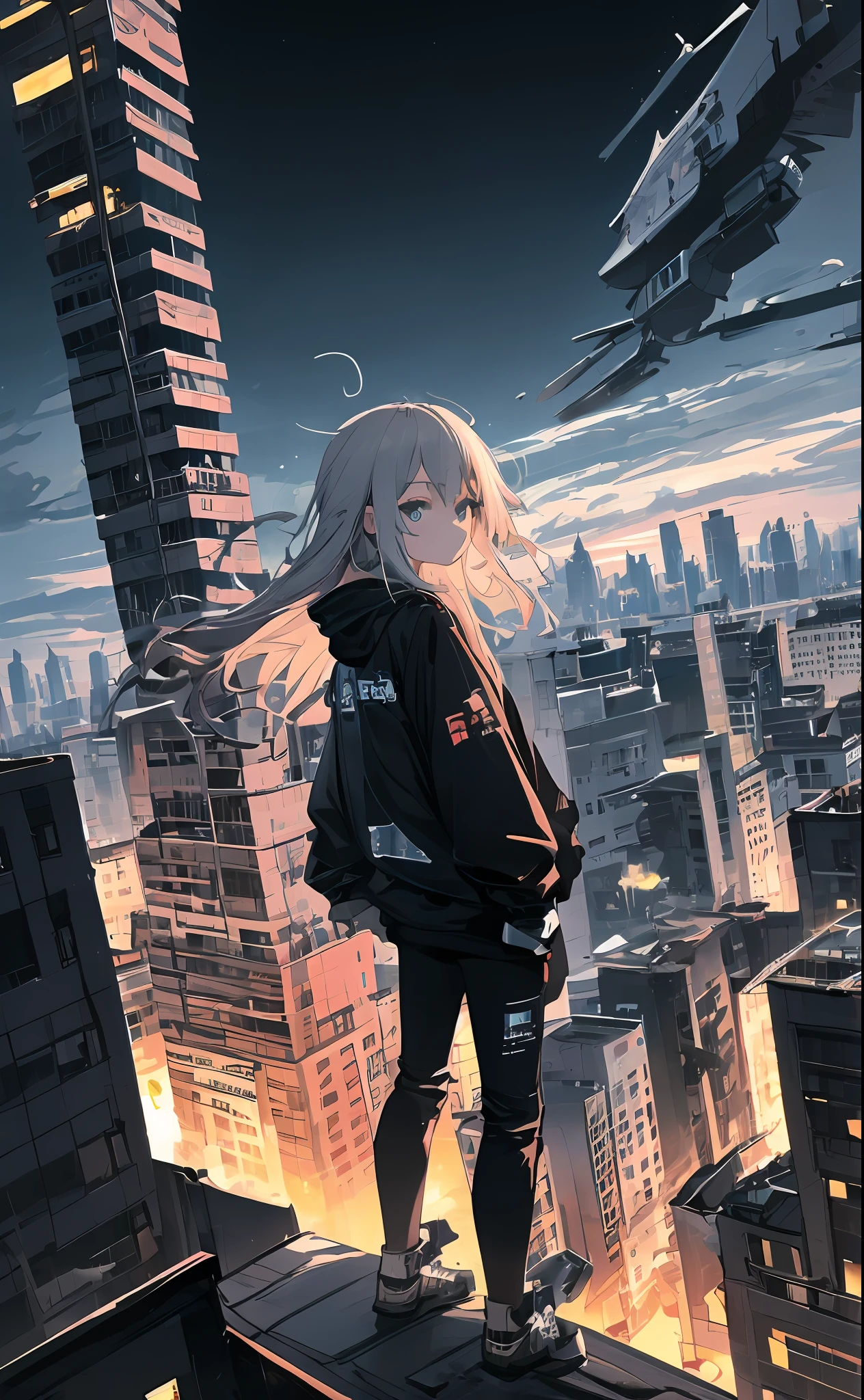 (tmasterpiece, beste-Qualit),From directly above, a 1girl, 独奏, stands on the roof, billboard, Adult, Cyan eyes, A detailed eye, White long hair, the wind, building, The city, cloudy skies, black baggy clothes, Shoes, tap \(machine\), dutch angle, from on the side, empty look, looking a viewer, exteriors, roof, The sky, skyscraper, (ruined city:1.2), war, (fire), garbage, ciberpunk, detailed clothes, Black pants, black sweatshirt, (dark sky:1.3), city   of the future, hopeless, ((end of the world, the night)), spaceship in the sky